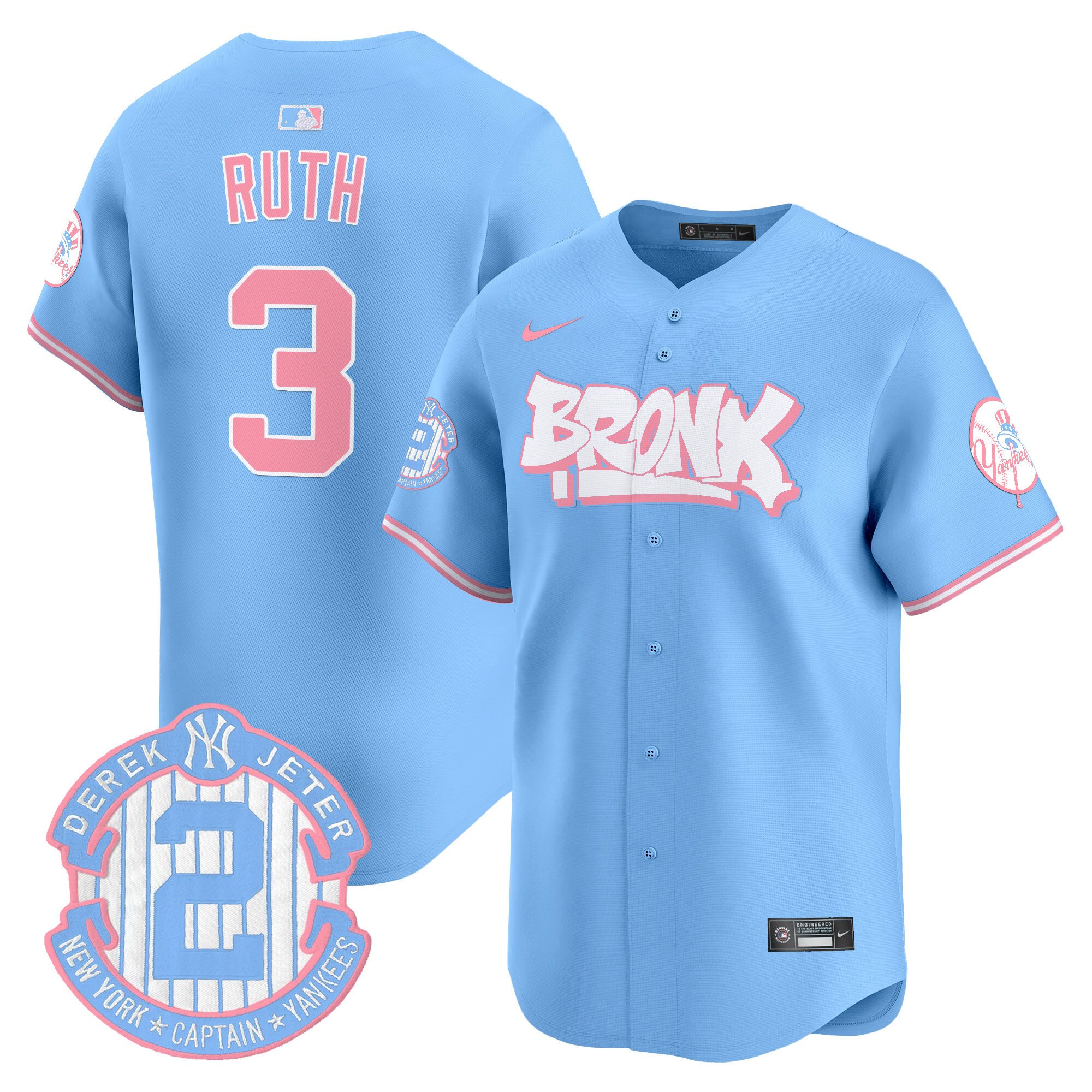 Babe RuthUnisex New York Yankees The Bronx Graffiti Bubblegum Pink Vapor Premier Limited Light Blue Jersey V2 - All Stitched