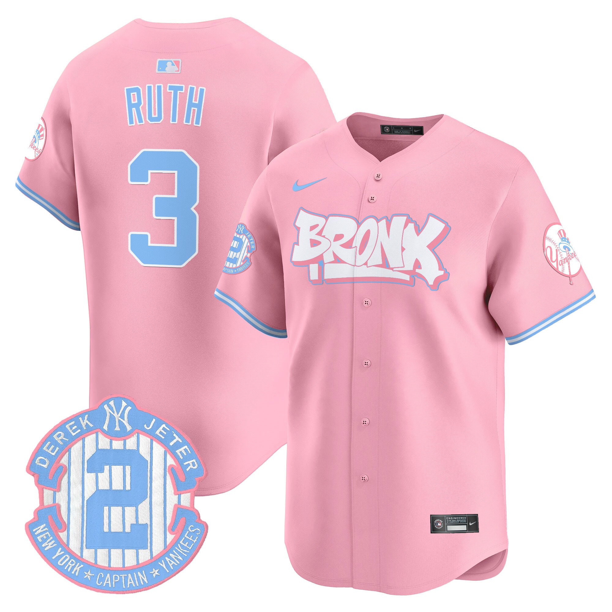 Babe RuthUnisex New York Yankees The Bronx Graffiti Bubblegum Pink Vapor Premier Limited Pink Jersey V2 - All Stitched