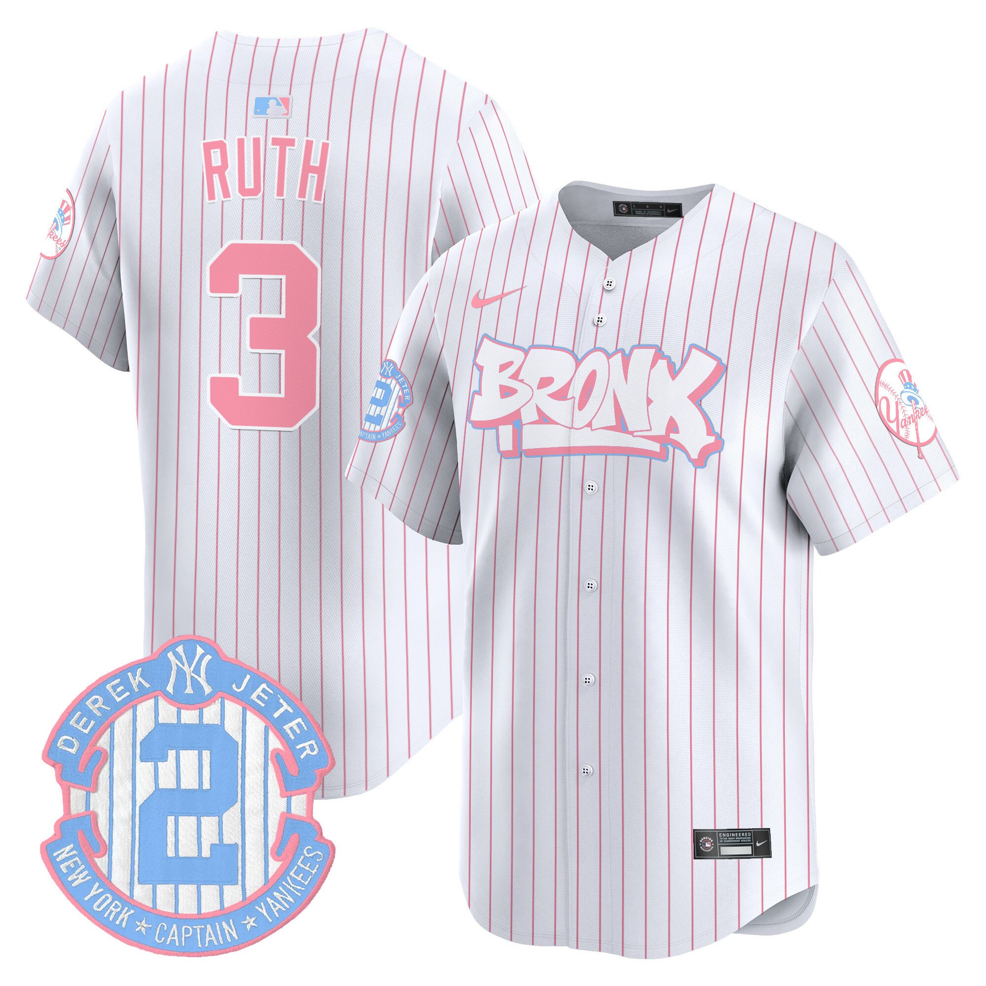 Babe RuthUnisex New York Yankees The Bronx Graffiti Bubblegum Pink Vapor Premier Limited Pinstripe Jersey V2 - All Stitched