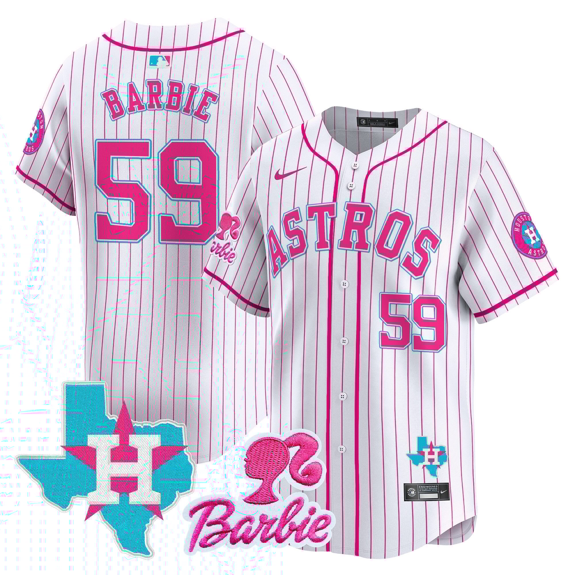 BarbieUnisex Houston Astros Barbie Patch Vapor Premier Limited Pink Stripe Jersey - All Stitched