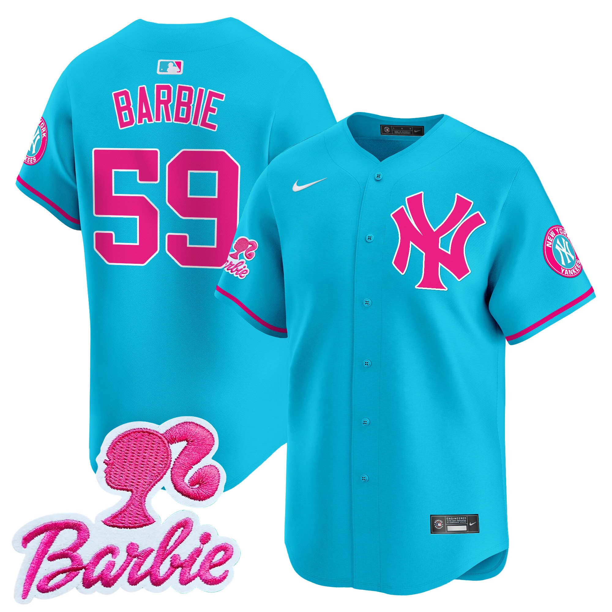 BarbieUnisex New York Yankees Barbie Patch Vapor Premier Limited Light Blue Jersey - All Stitched