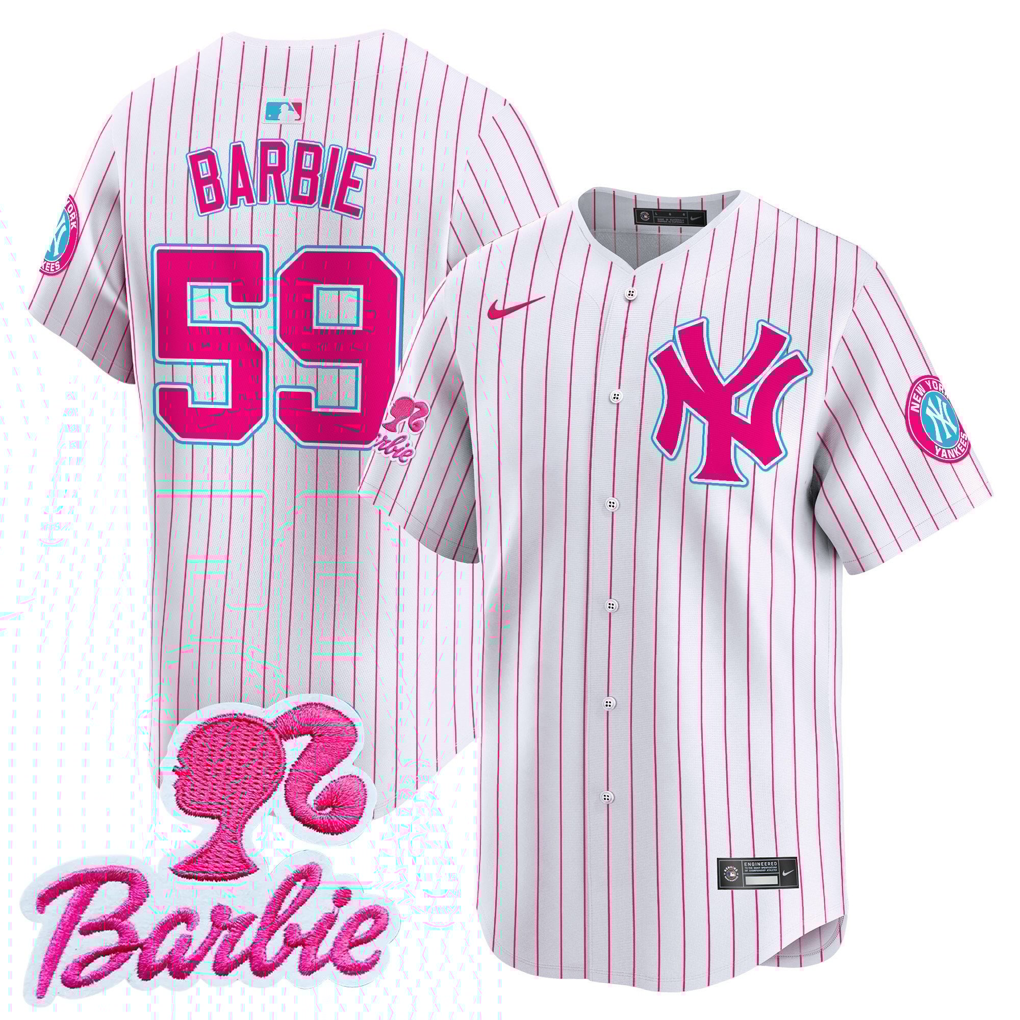 BarbieUnisex New York Yankees Barbie Patch Vapor Premier Limited Pink Stripe Jersey - All Stitched