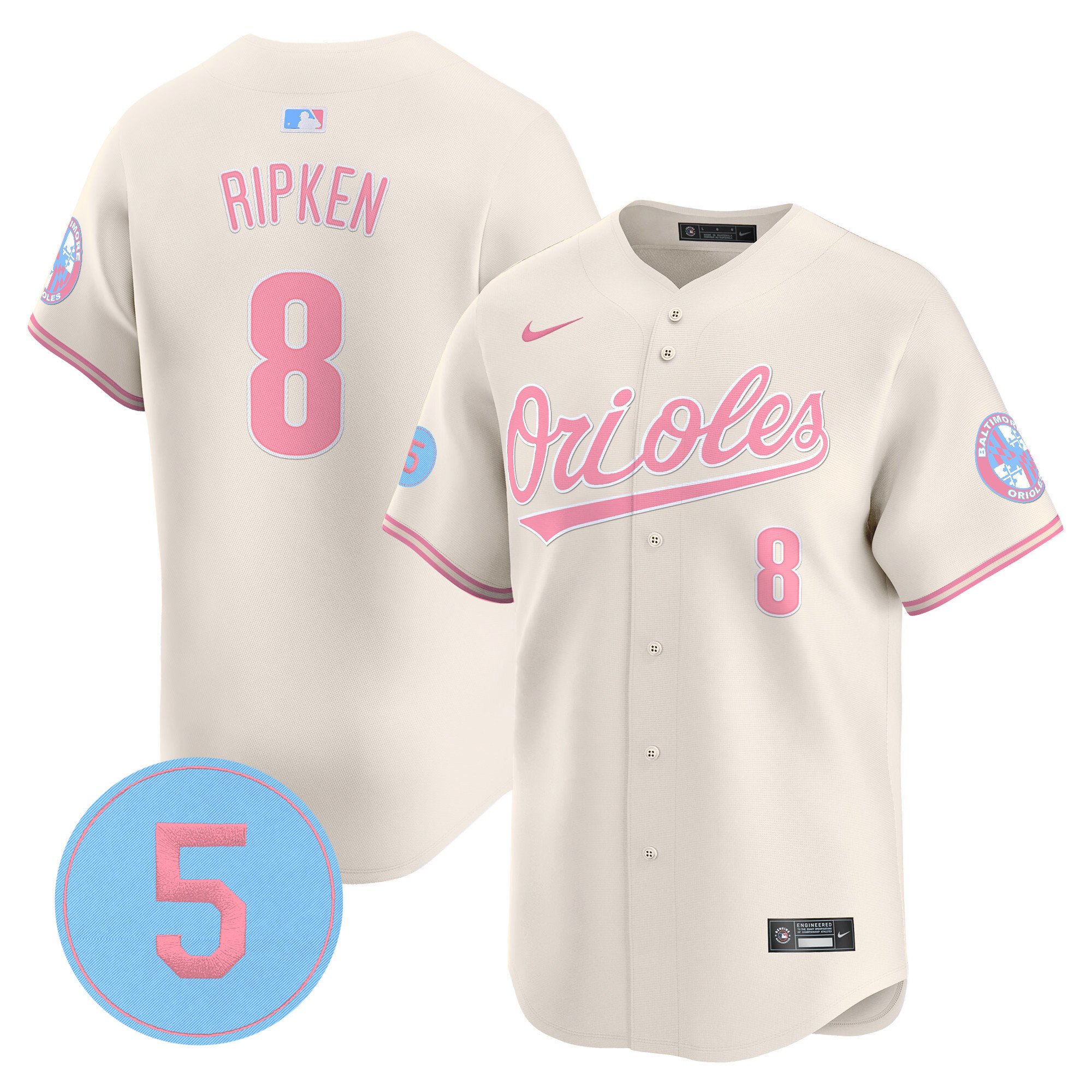 Cal RipkenUnisex Baltimore Orioles Bubblegum Pink Robinson Patch Vapor Premier Limited Cream Jersey - All Stitched