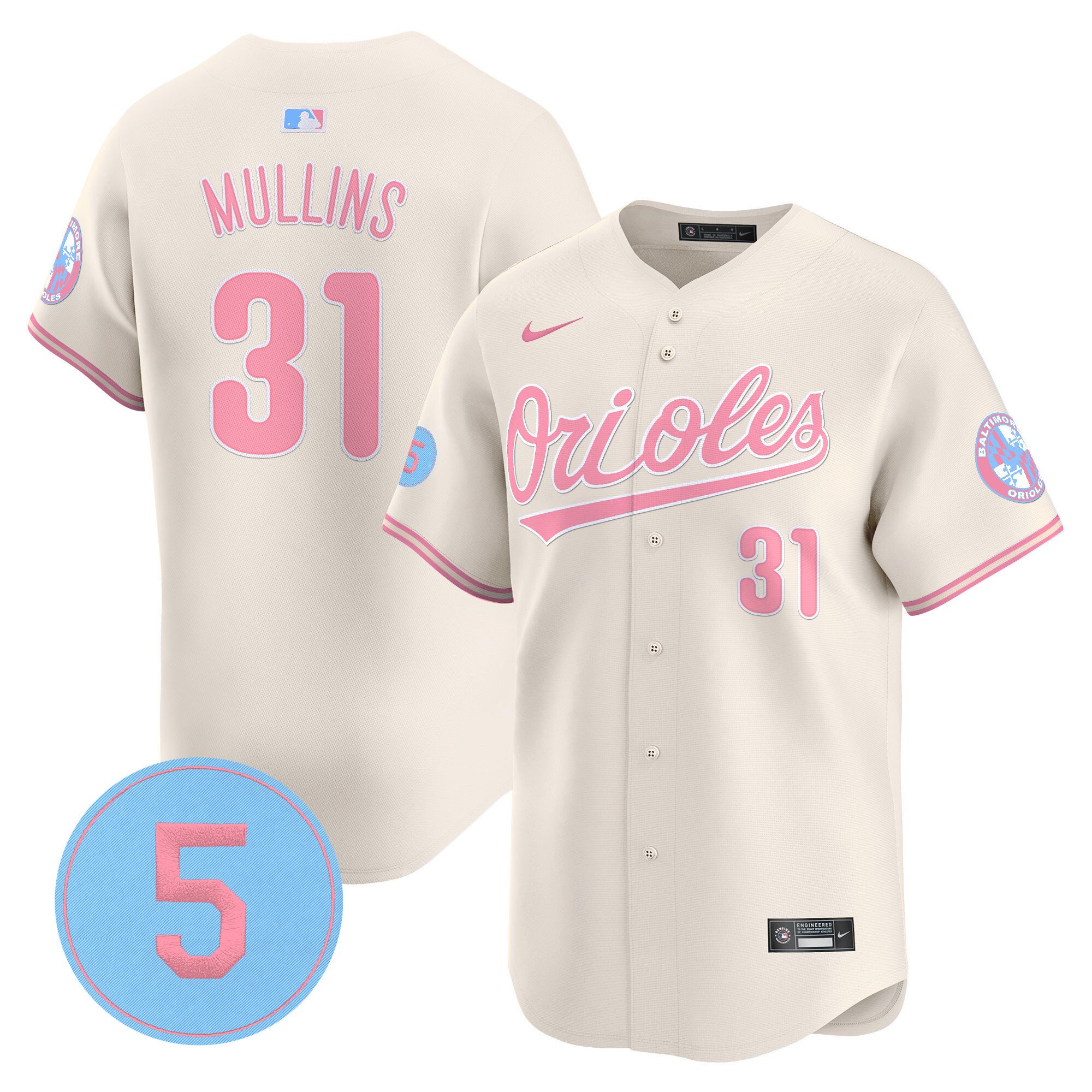 Cedric MullinsUnisex Baltimore Orioles Bubblegum Pink Robinson Patch Vapor Premier Limited Cream Jersey - All Stitched