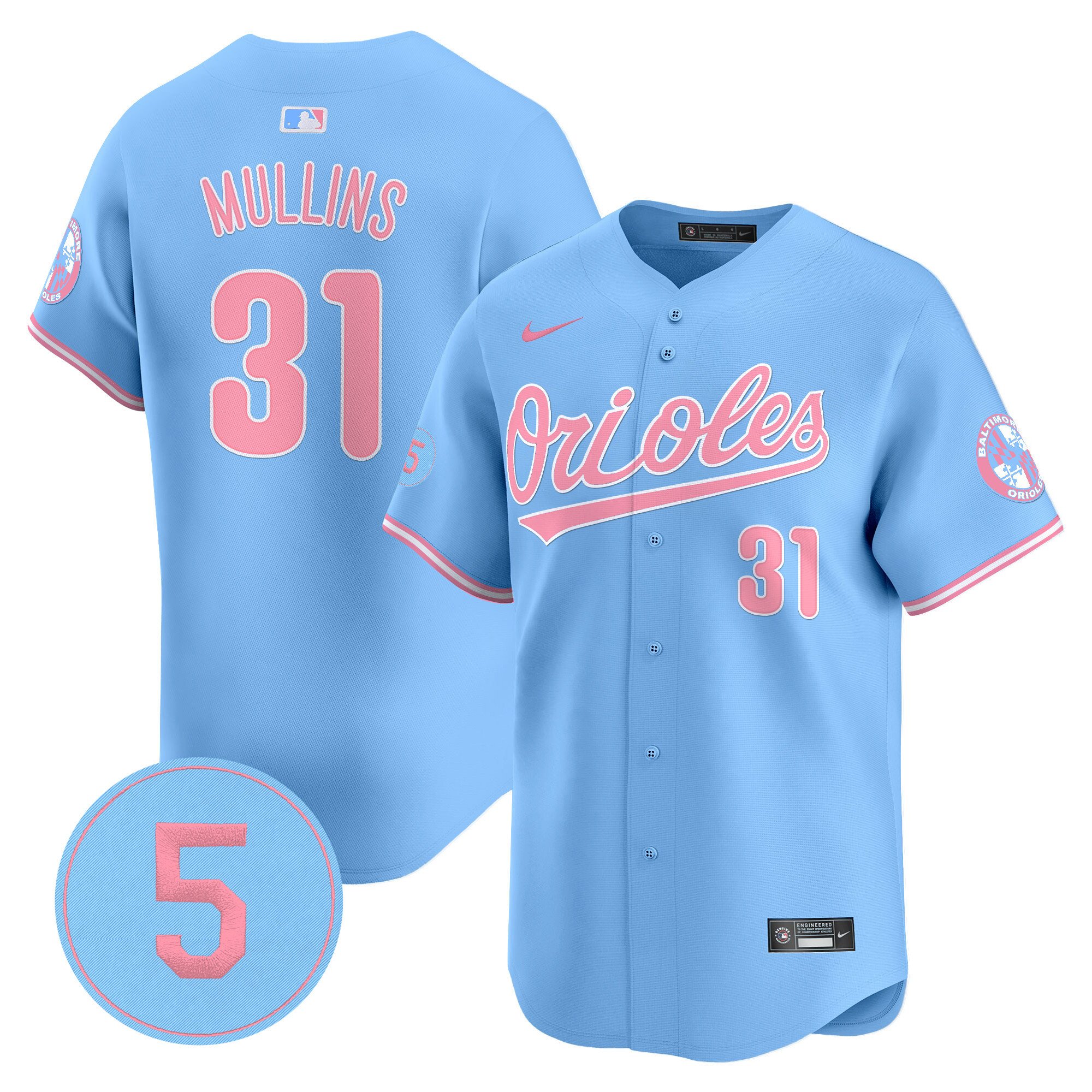 Cedric MullinsUnisex Baltimore Orioles Bubblegum Pink Robinson Patch Vapor Premier Limited Light Blue Jersey - All Stitched
