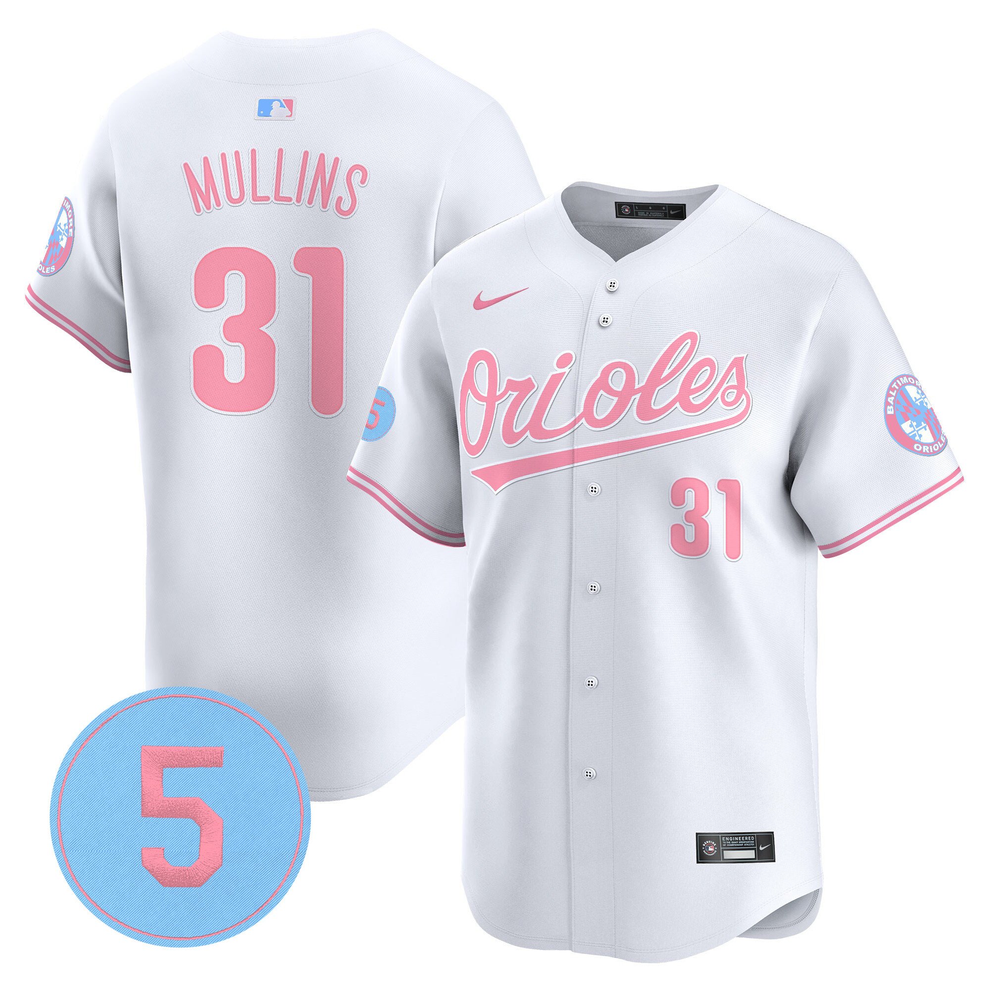 Cedric MullinsUnisex Baltimore Orioles Bubblegum Pink Robinson Patch Vapor Premier Limited White Jersey - All Stitched