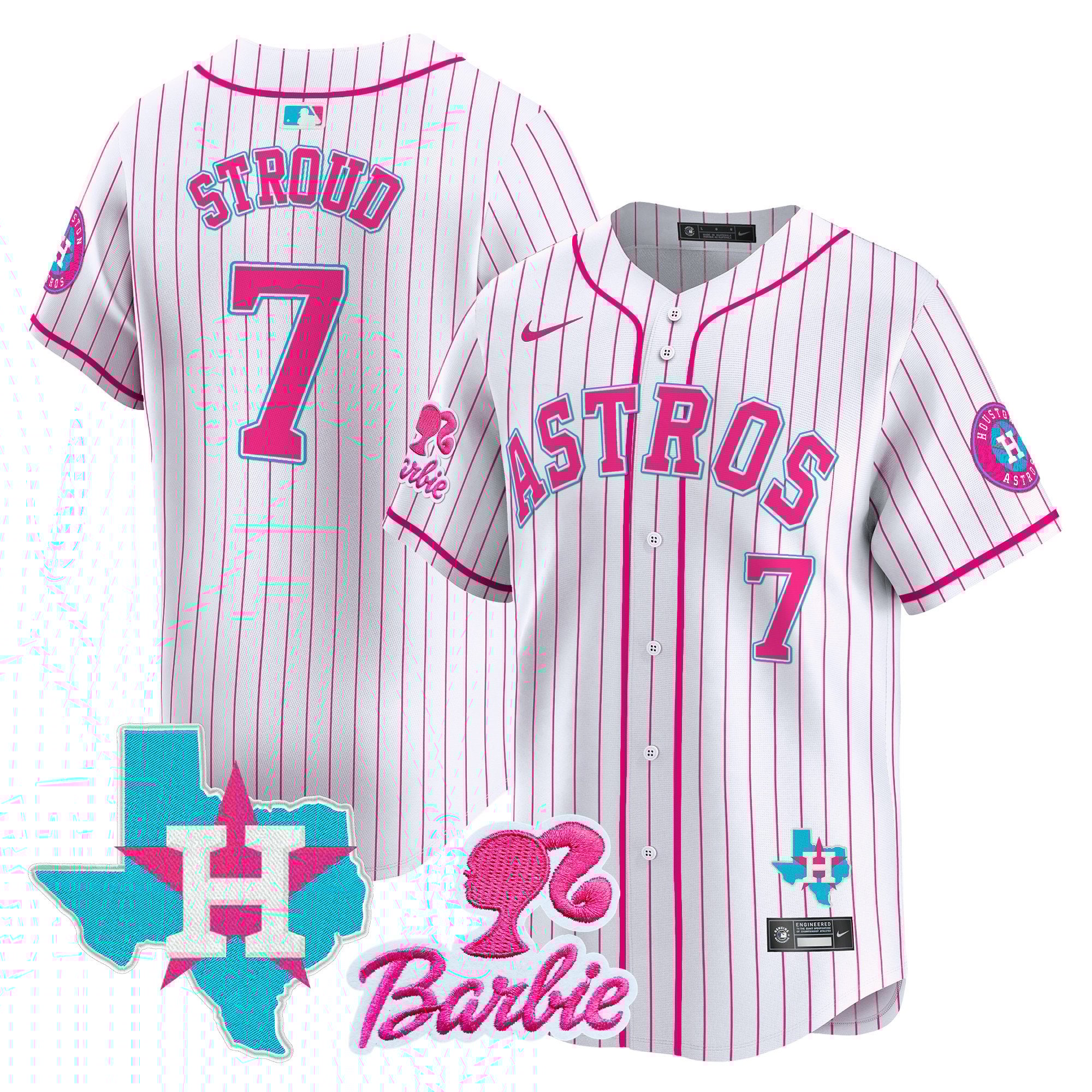 CJ StroudUnisex Houston Astros Barbie Patch Vapor Premier Limited Pink Stripe Jersey - All Stitched