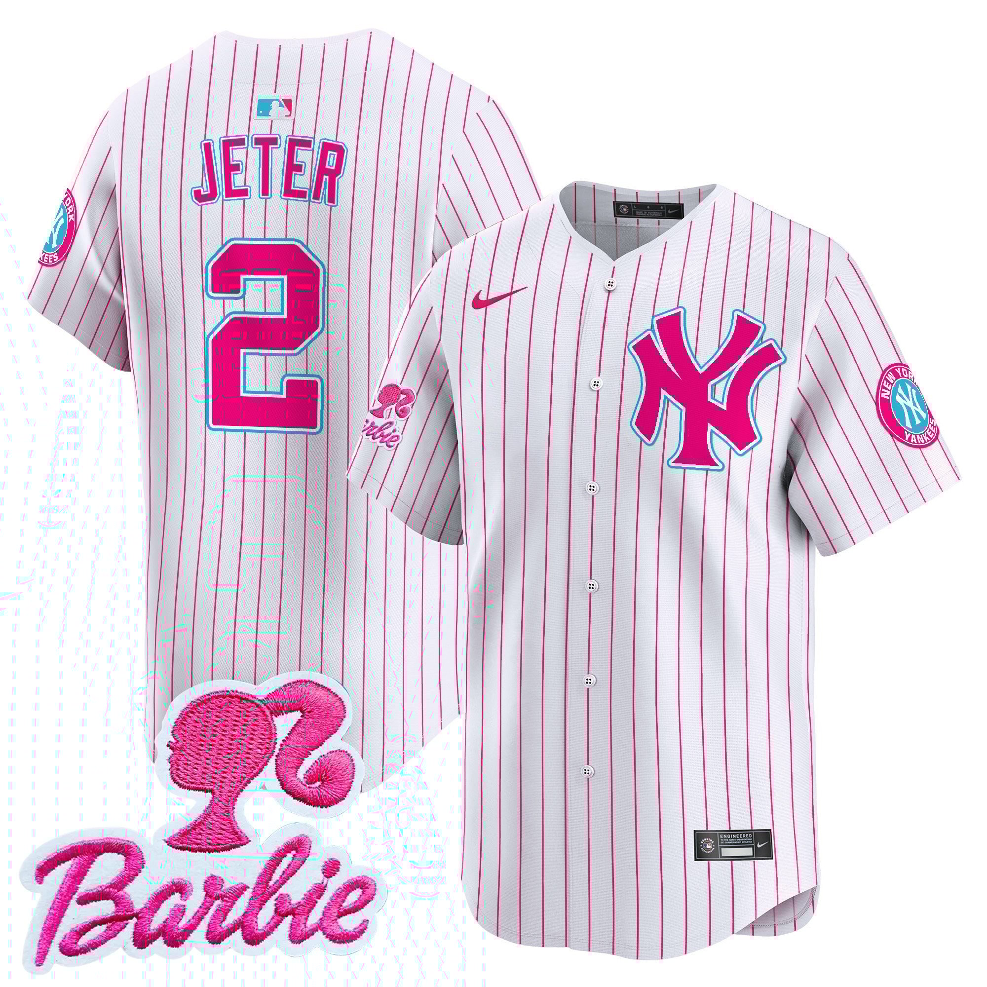 Derek JeterUnisex New York Yankees Barbie Patch Vapor Premier Limited Pink Stripe Jersey - All Stitched