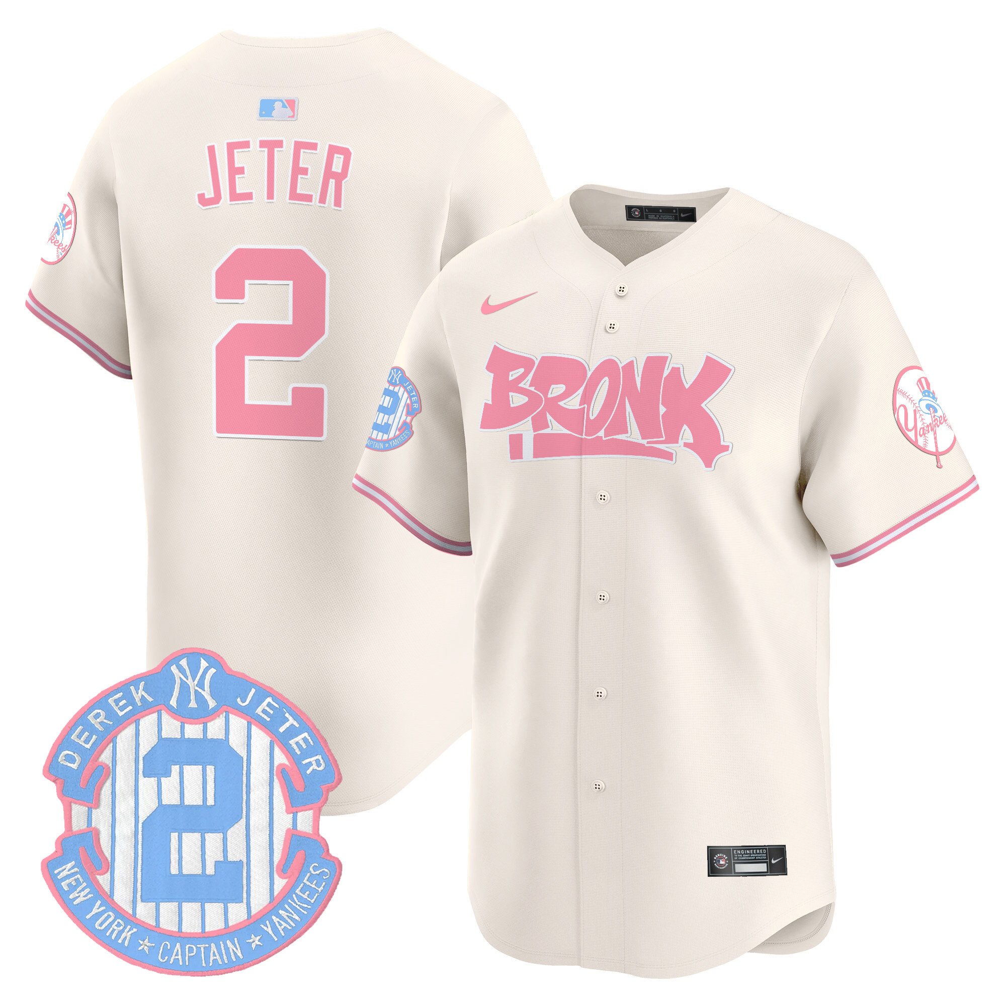 Derek JeterUnisex New York Yankees The Bronx Graffiti Bubblegum Pink Vapor Premier Limited Cream Jersey - All Stitched