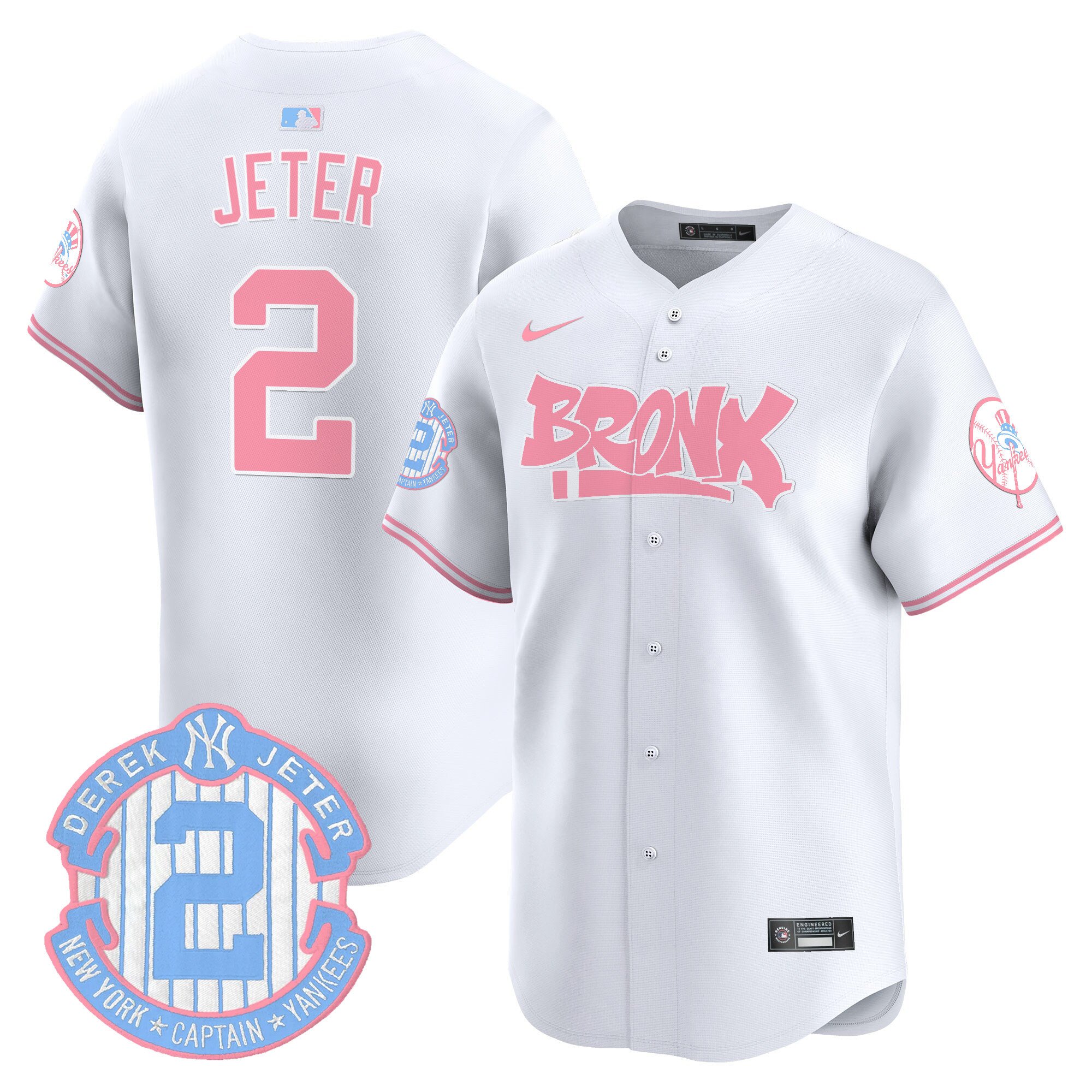 Derek JeterUnisex New York Yankees The Bronx Graffiti Bubblegum Pink Vapor Premier Limited White Jersey - All Stitched