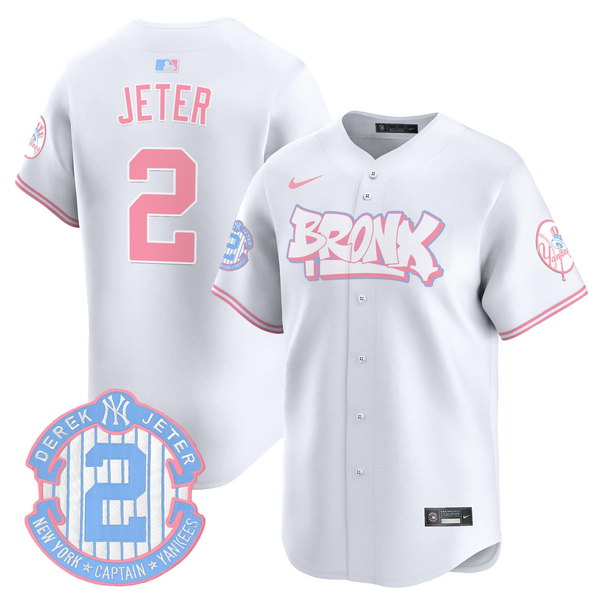 Derek JeterUnisex New York Yankees The Bronx Graffiti Bubblegum Pink Vapor Premier Limited White Jersey V2 - All Stitched
