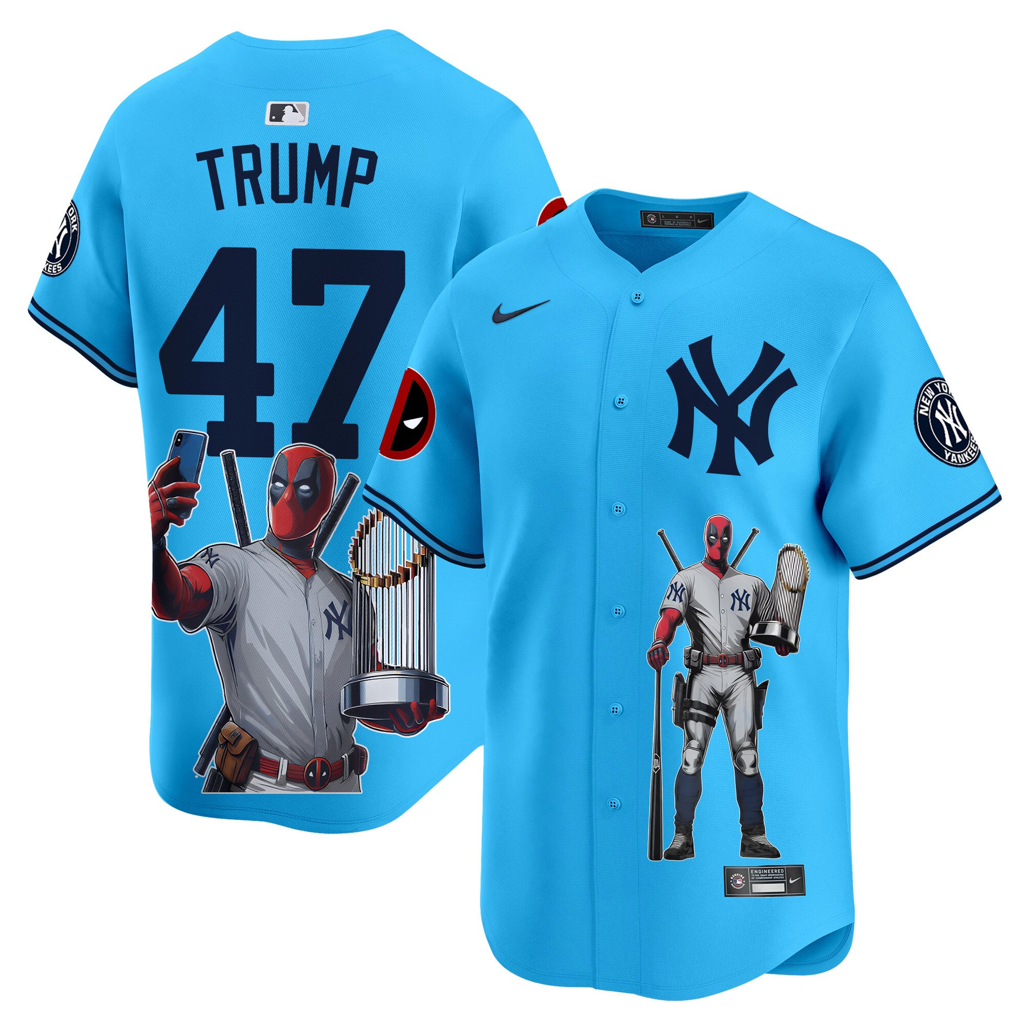 Donald TrumpUnisex New York Yankees Deadpool Premier Limited Light Blue Jersey - Printed