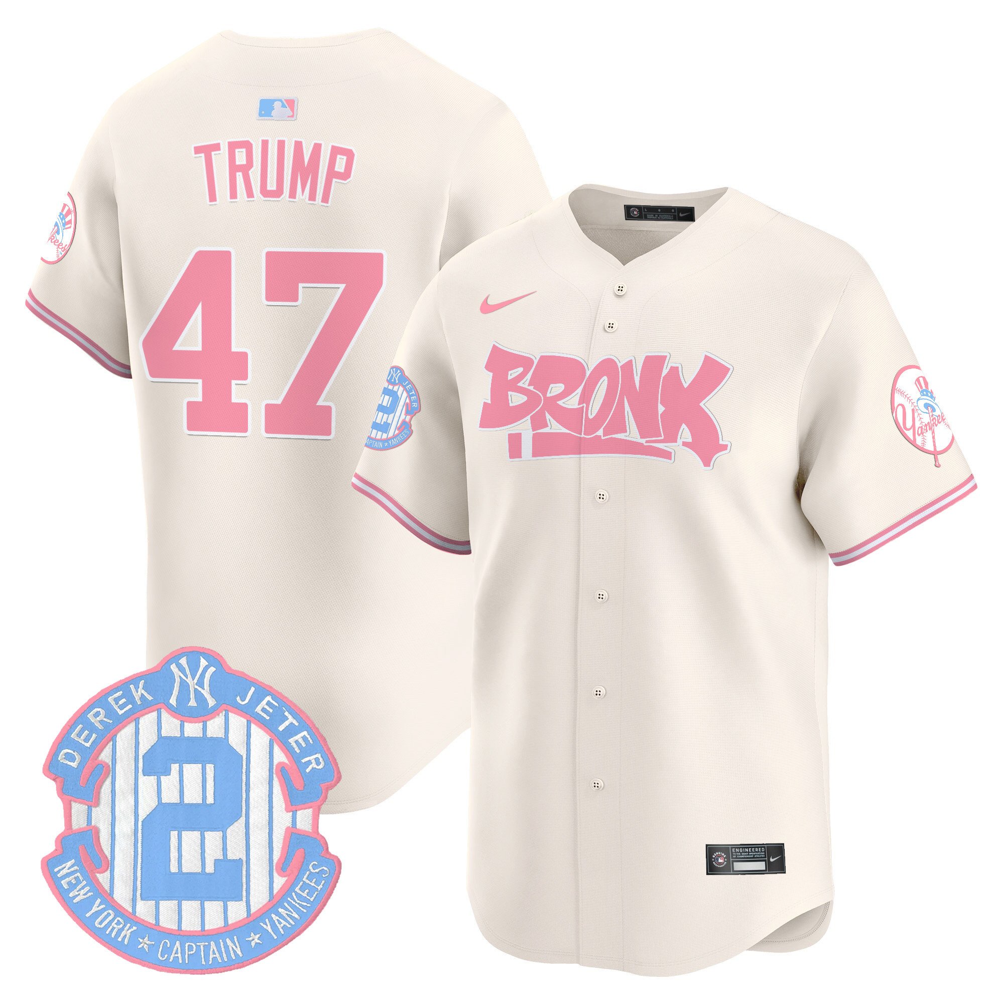 Donald TrumpUnisex New York Yankees The Bronx Graffiti Bubblegum Pink Vapor Premier Limited Cream Jersey - All Stitched