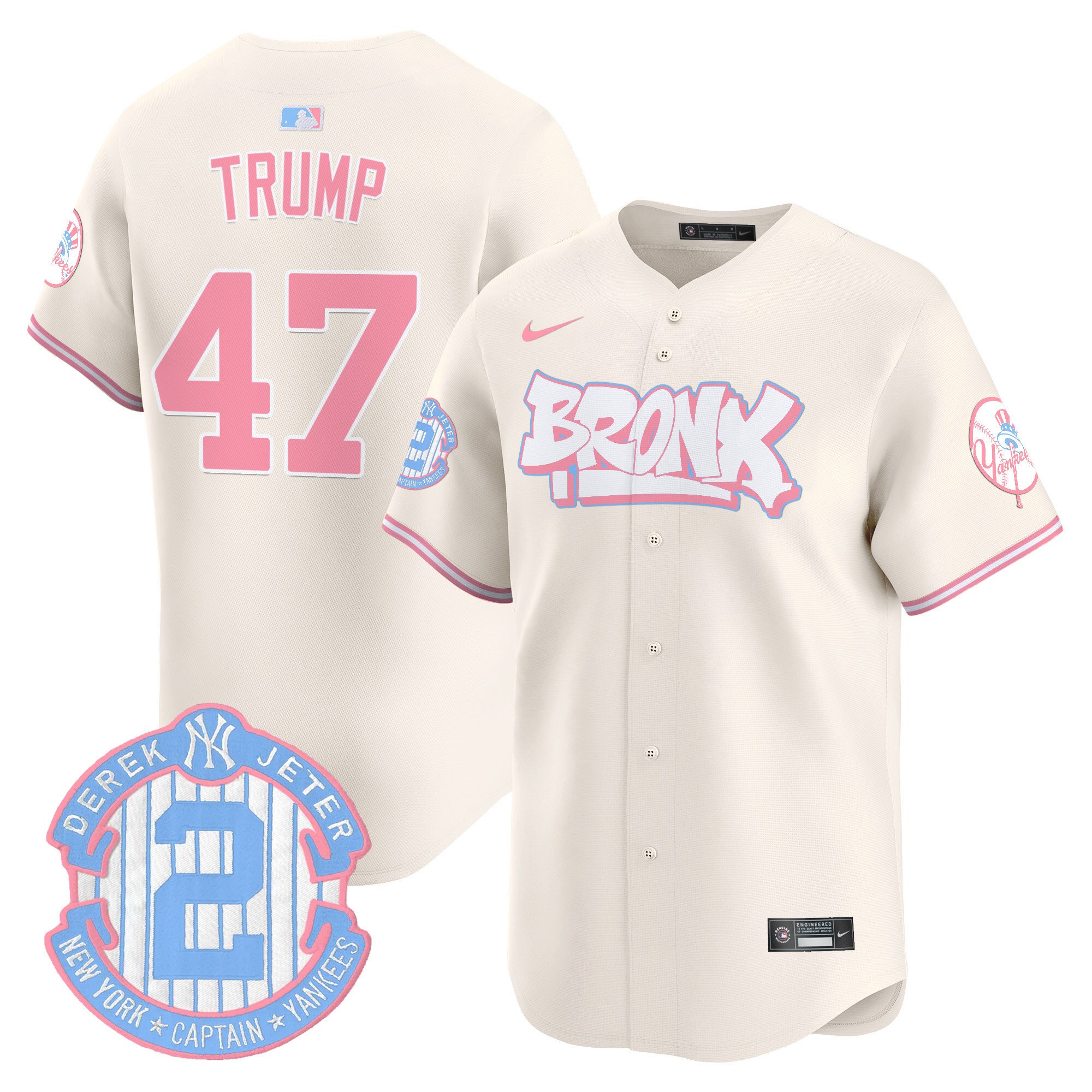 Donald TrumpUnisex New York Yankees The Bronx Graffiti Bubblegum Pink Vapor Premier Limited Cream Jersey V2 - All Stitched