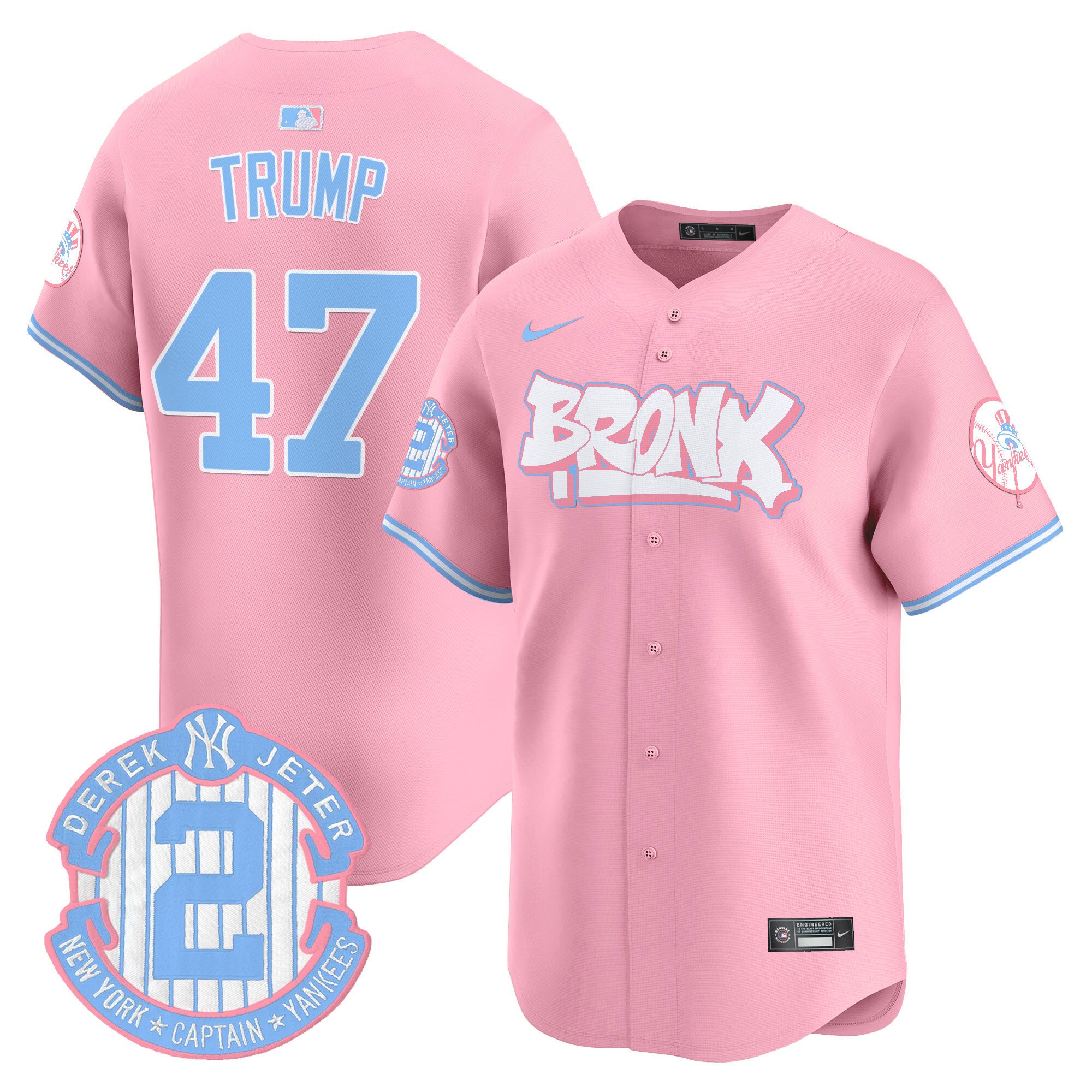 Donald TrumpUnisex New York Yankees The Bronx Graffiti Bubblegum Pink Vapor Premier Limited Pink Jersey V2 - All Stitched