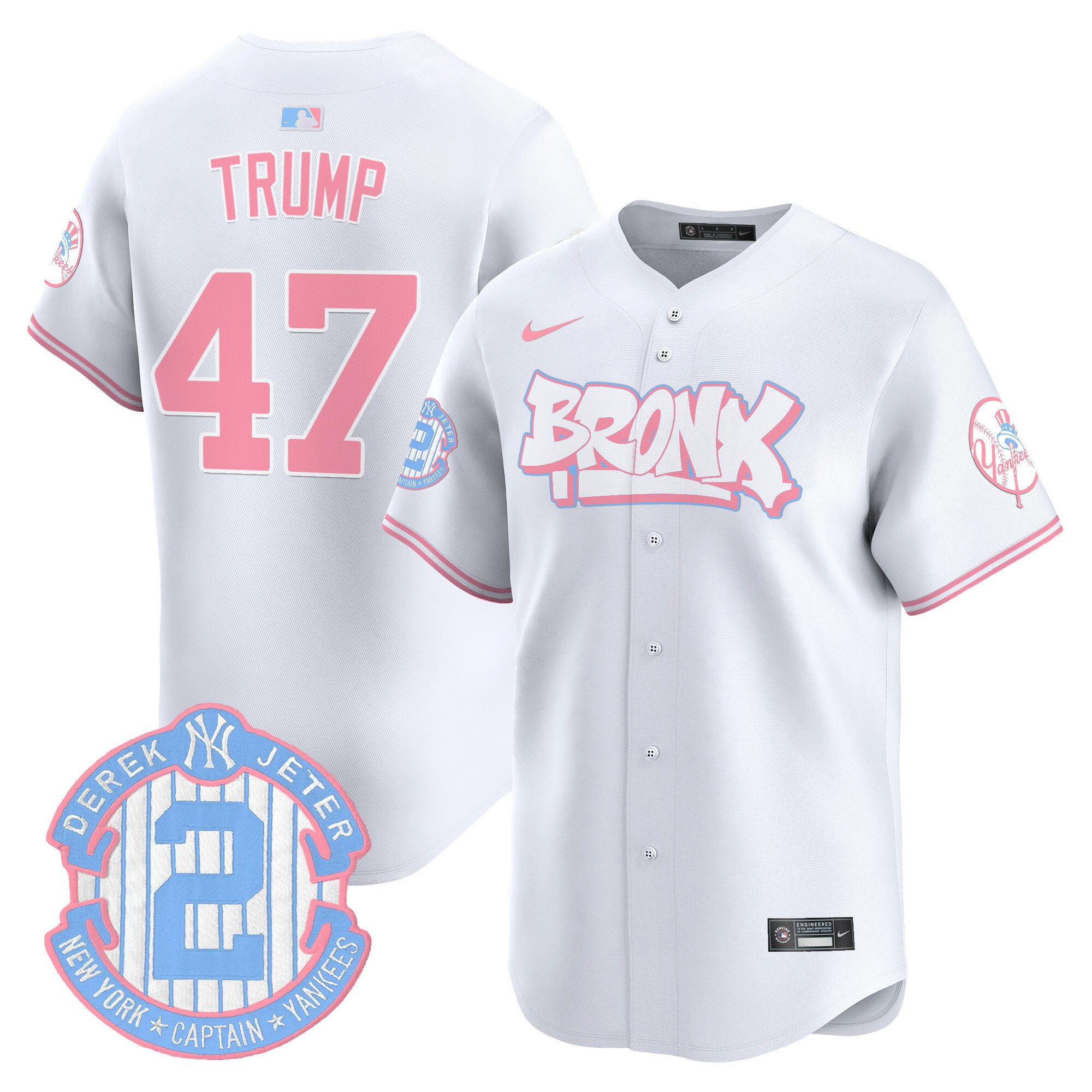 Donald TrumpUnisex New York Yankees The Bronx Graffiti Bubblegum Pink Vapor Premier Limited White Jersey V2 - All Stitched