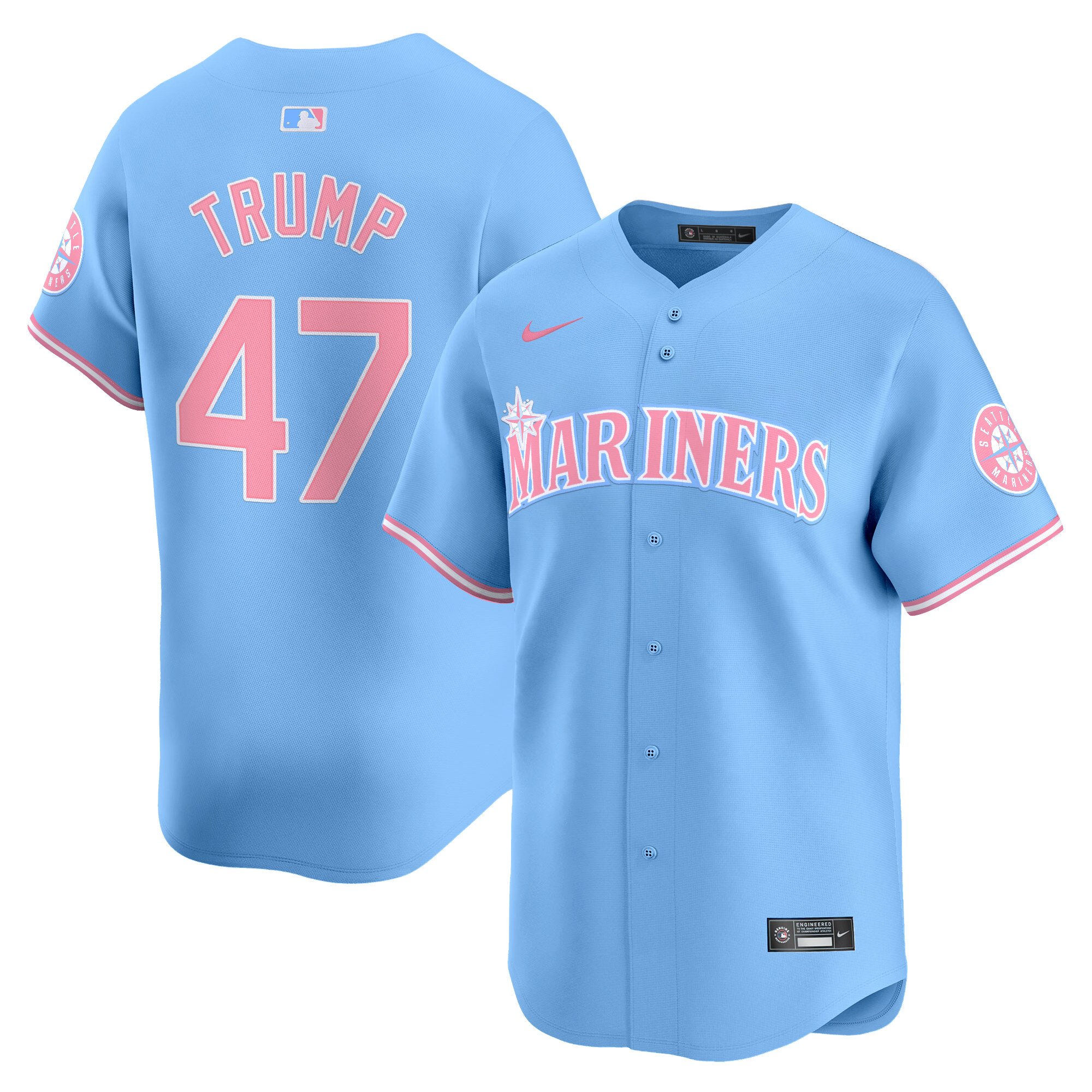 Donald TrumpUnisex Seattle Mariners Bubblegum Pink Vapor Premier Limited Light Blue Jersey - All Stitched