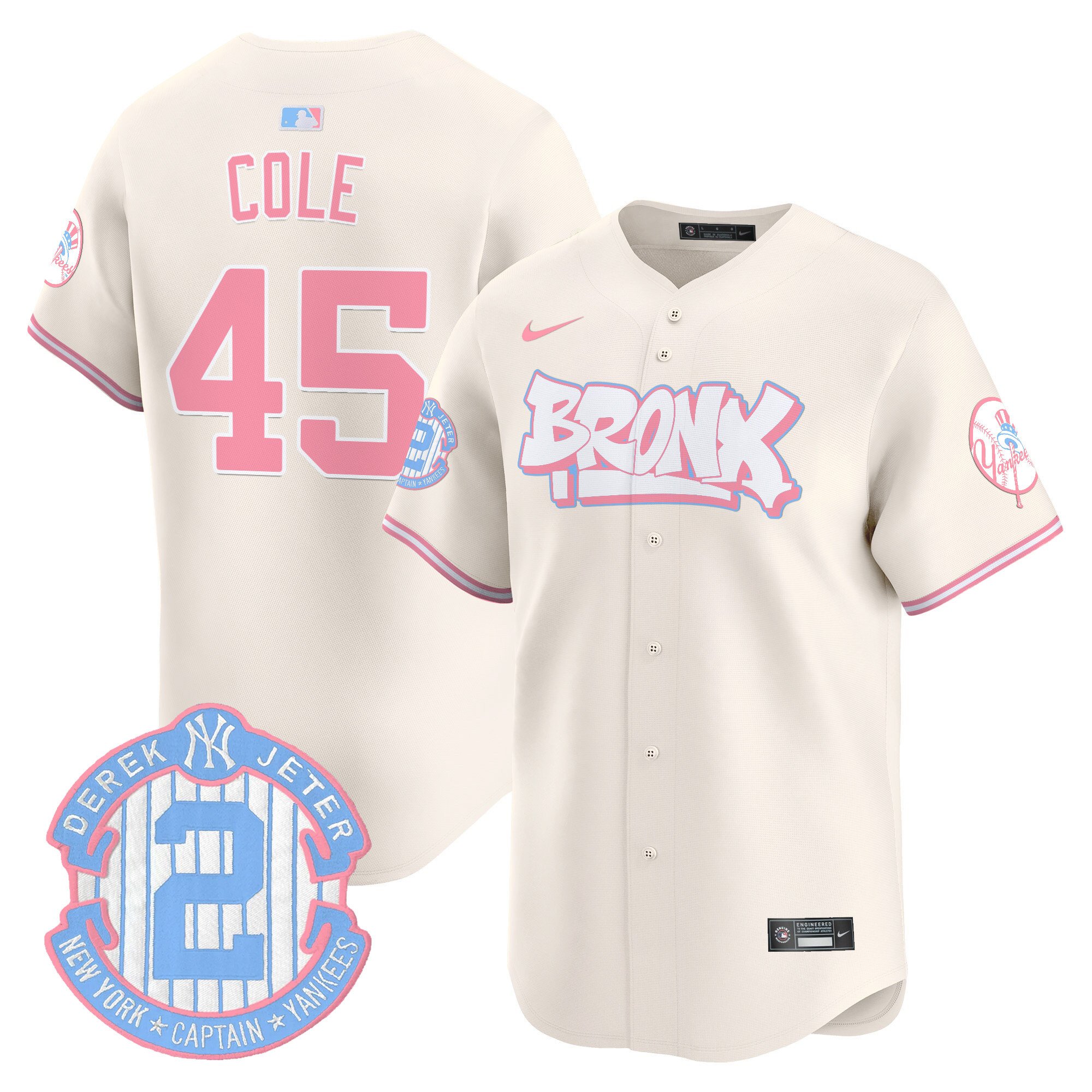 Gerrit ColeUnisex New York Yankees The Bronx Graffiti Bubblegum Pink Vapor Premier Limited Cream Jersey V2 - All Stitched