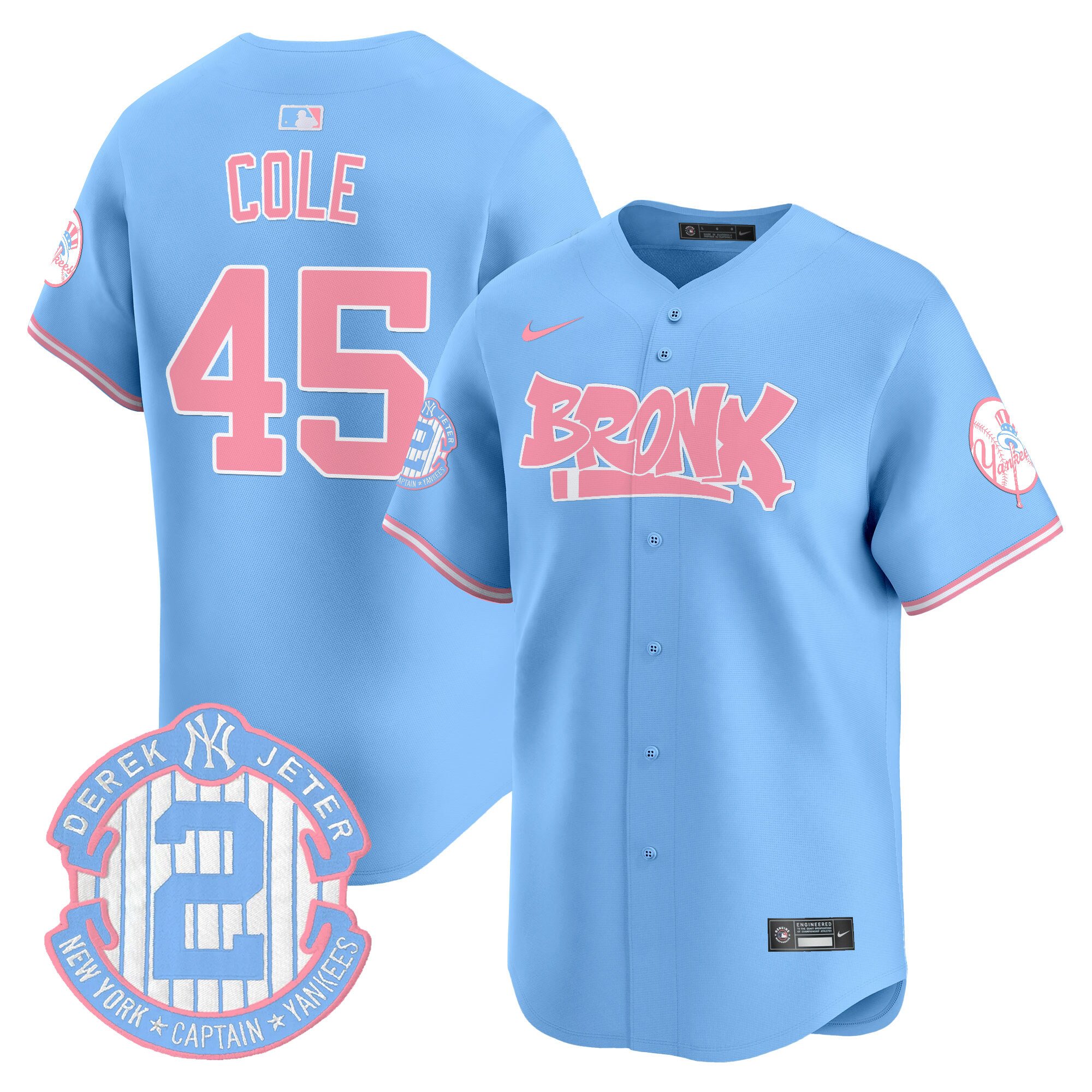 Gerrit ColeUnisex New York Yankees The Bronx Graffiti Bubblegum Pink Vapor Premier Limited Light Blue Jersey - All Stitched
