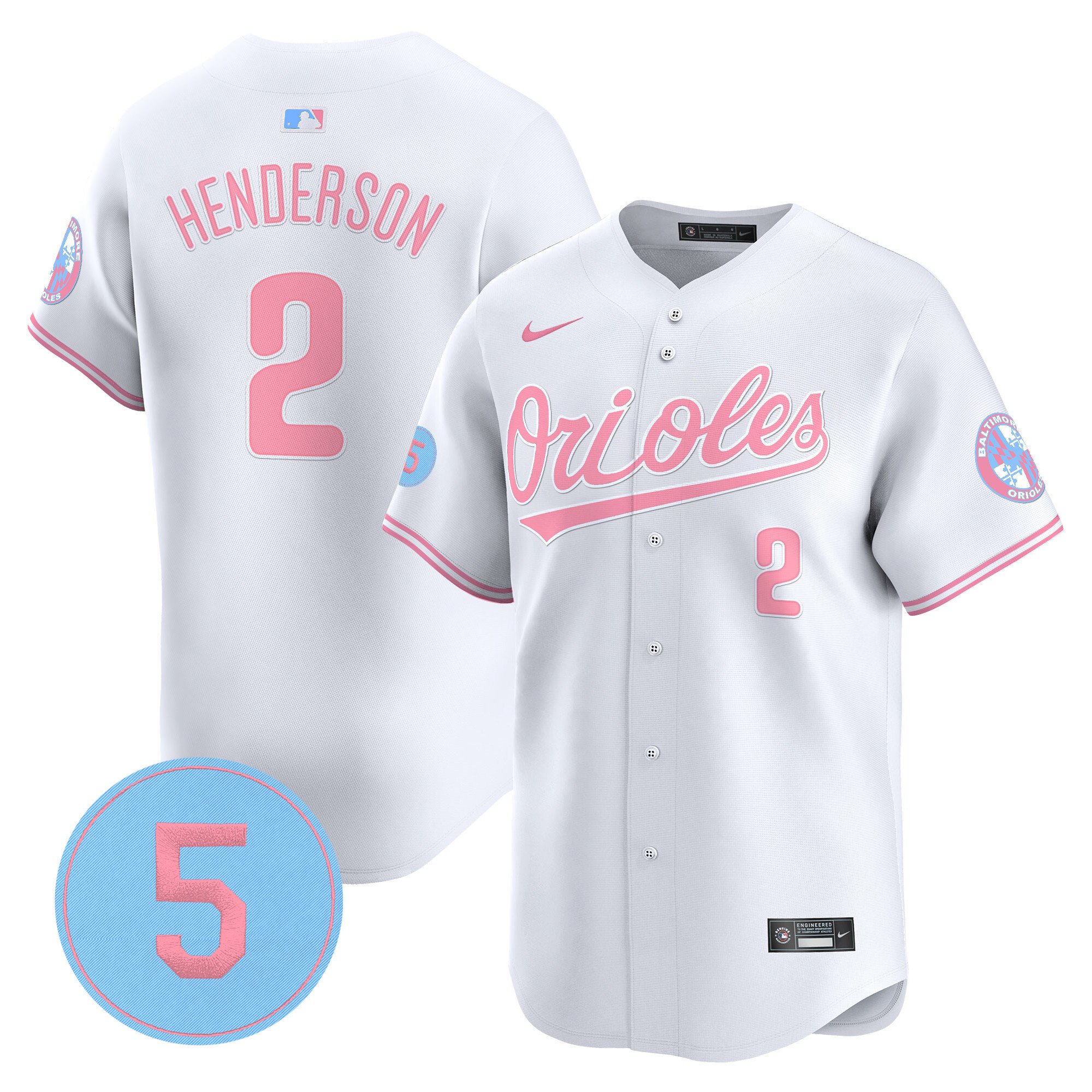 Gunnar HendersonUnisex Baltimore Orioles Bubblegum Pink Robinson Patch Vapor Premier Limited White Jersey - All Stitched