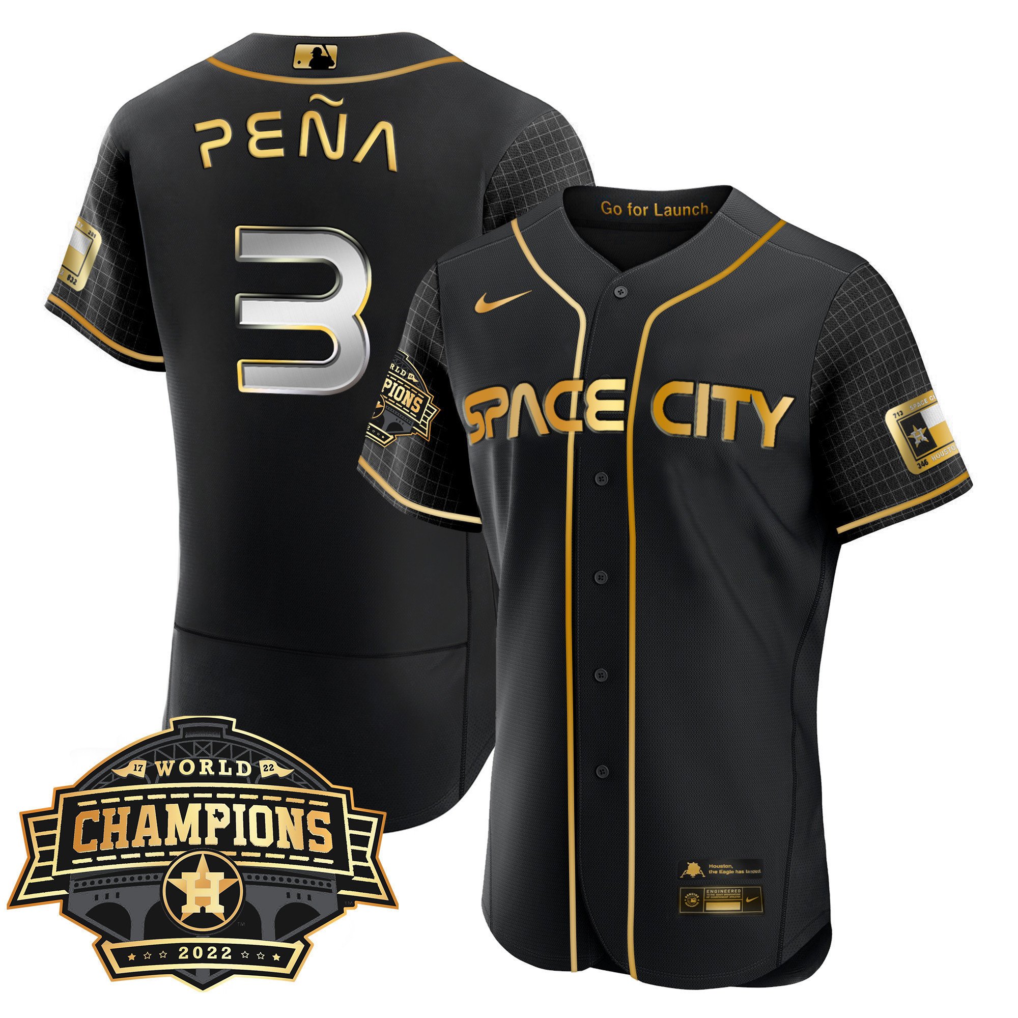 Jeremy PenaYouth's Houston Astros Space City 2022 World Series Champions Patch Limited Flex Black Jersey Ã± All Stitched