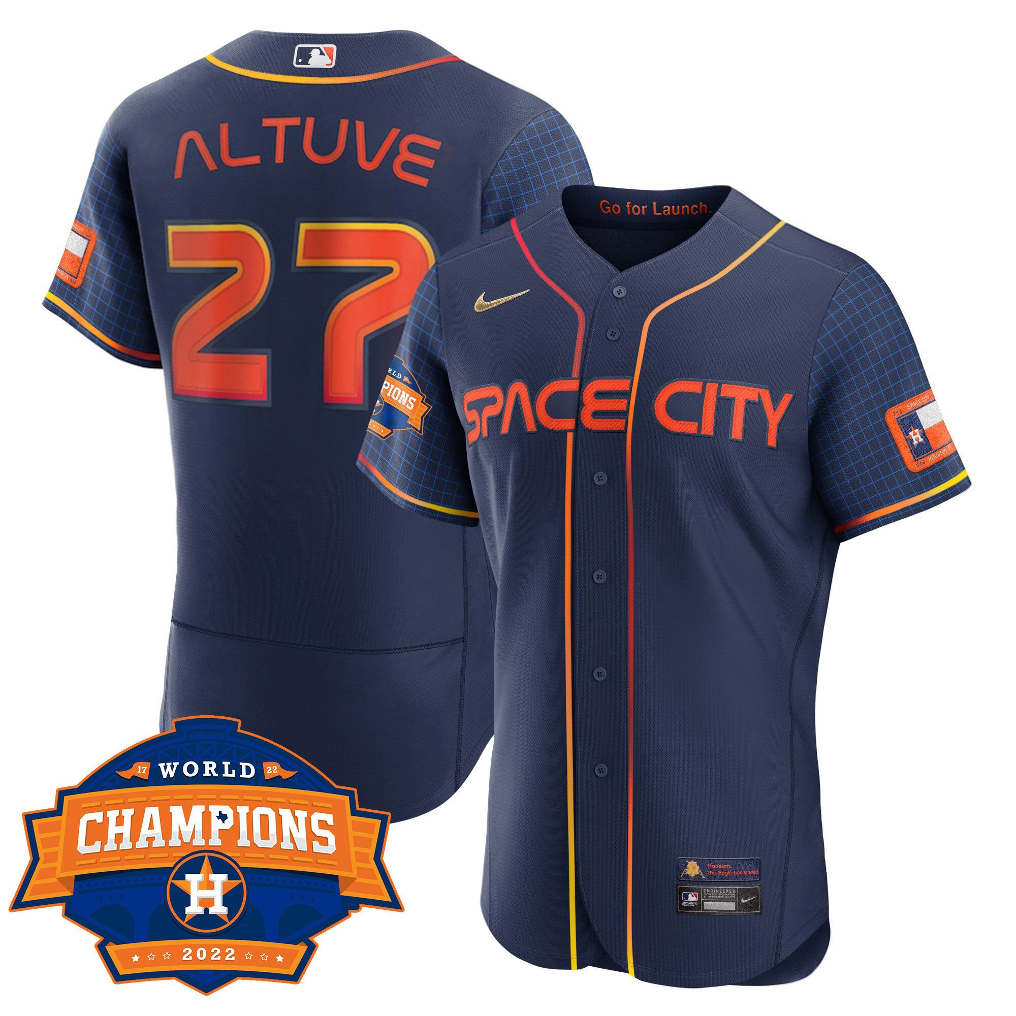 JosÃˆ AltuveYouth's Houston Astros Space City 2022 World Series Champions Patch Limited Flex Navy Jersey Ã± All Stitched