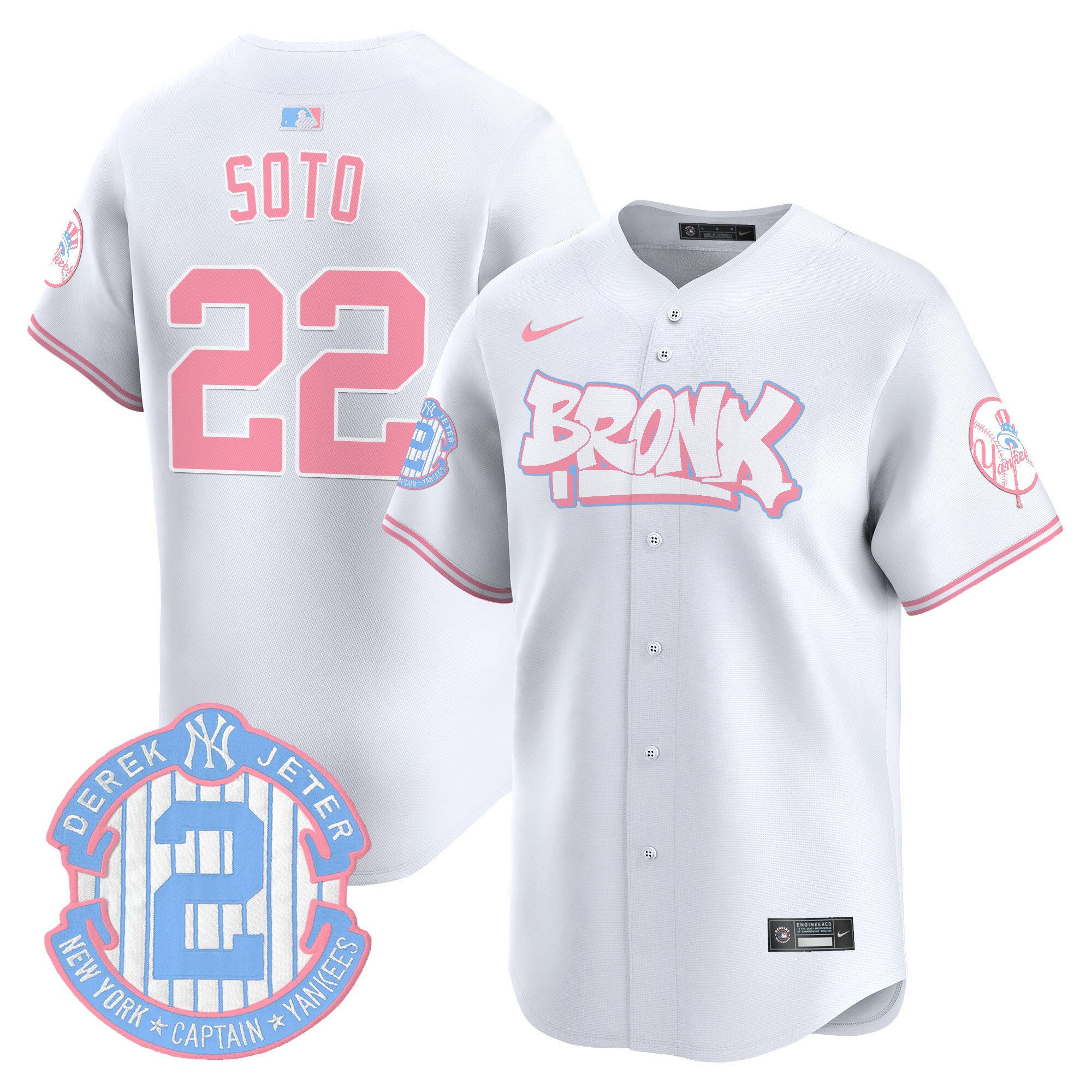 Juan SotoUnisex New York Yankees The Bronx Graffiti Bubblegum Pink Vapor Premier Limited White Jersey V2 - All Stitched