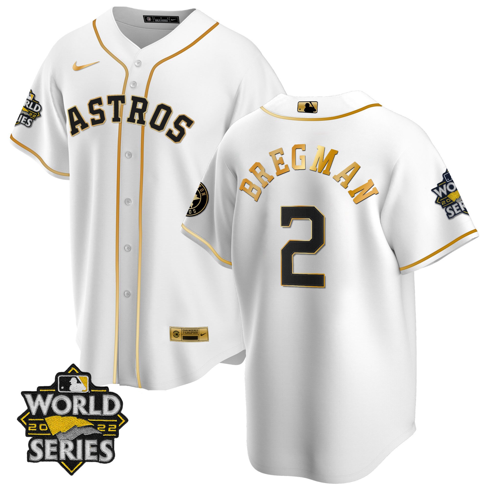 Men Alex Bregman Houston Astros Cool Base White Gold 2022 World Series Jersey - All Stitched