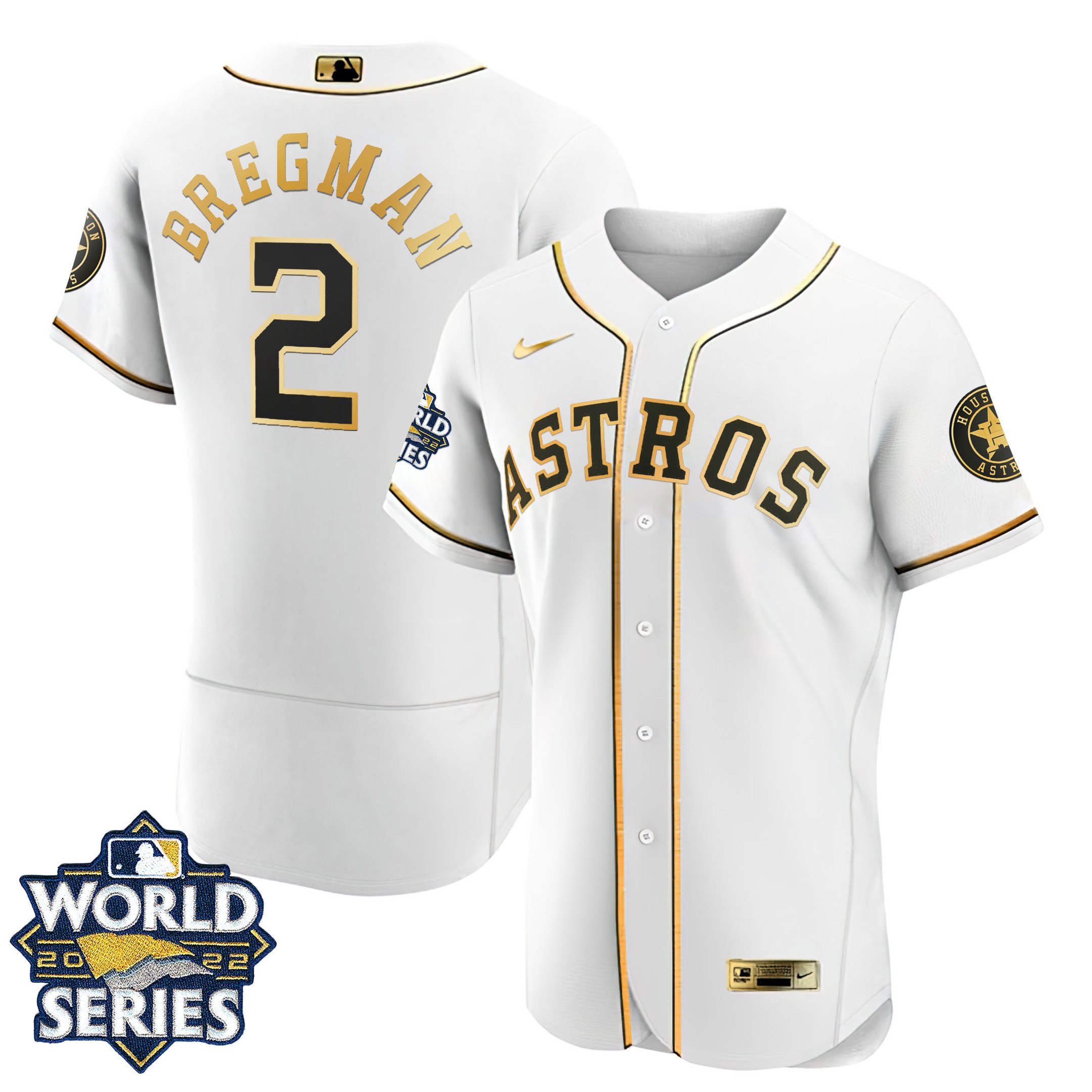 Men Alex Bregman Houston Astros Flex Base White Gold 2022 World Series Jersey - All Stitched