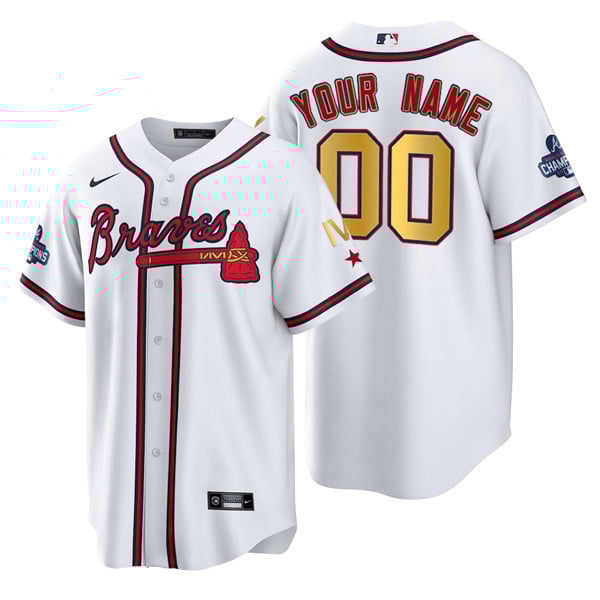 Men Atlanta Braves 4x World Series Gold Trim Custom Name and Number Cool Base Jersey - Stitched