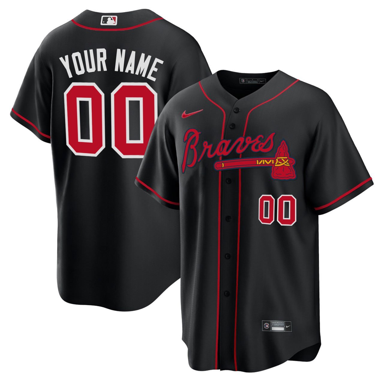 Men Atlanta Braves Black Red Cool Base Custom Red White Jersey - All Stitched