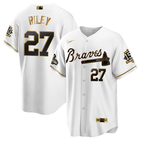 Men Austin Riley Atlanta Braves World Series Champion White Gold Cool Base Jersey 2021 Ã± Stitched