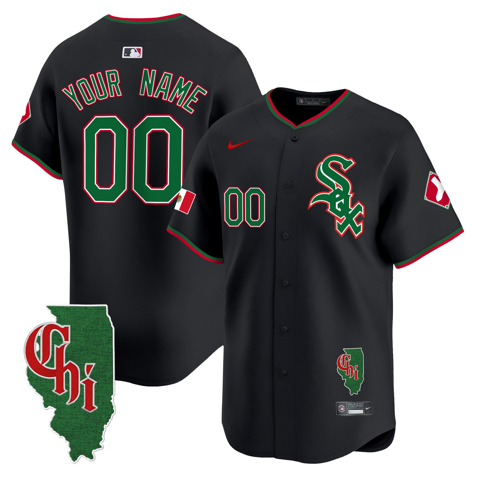 Men Chicago White Sox Mexico Vapor Premier Limited Custom Black Jersey - Illinois Patch - All Stitched