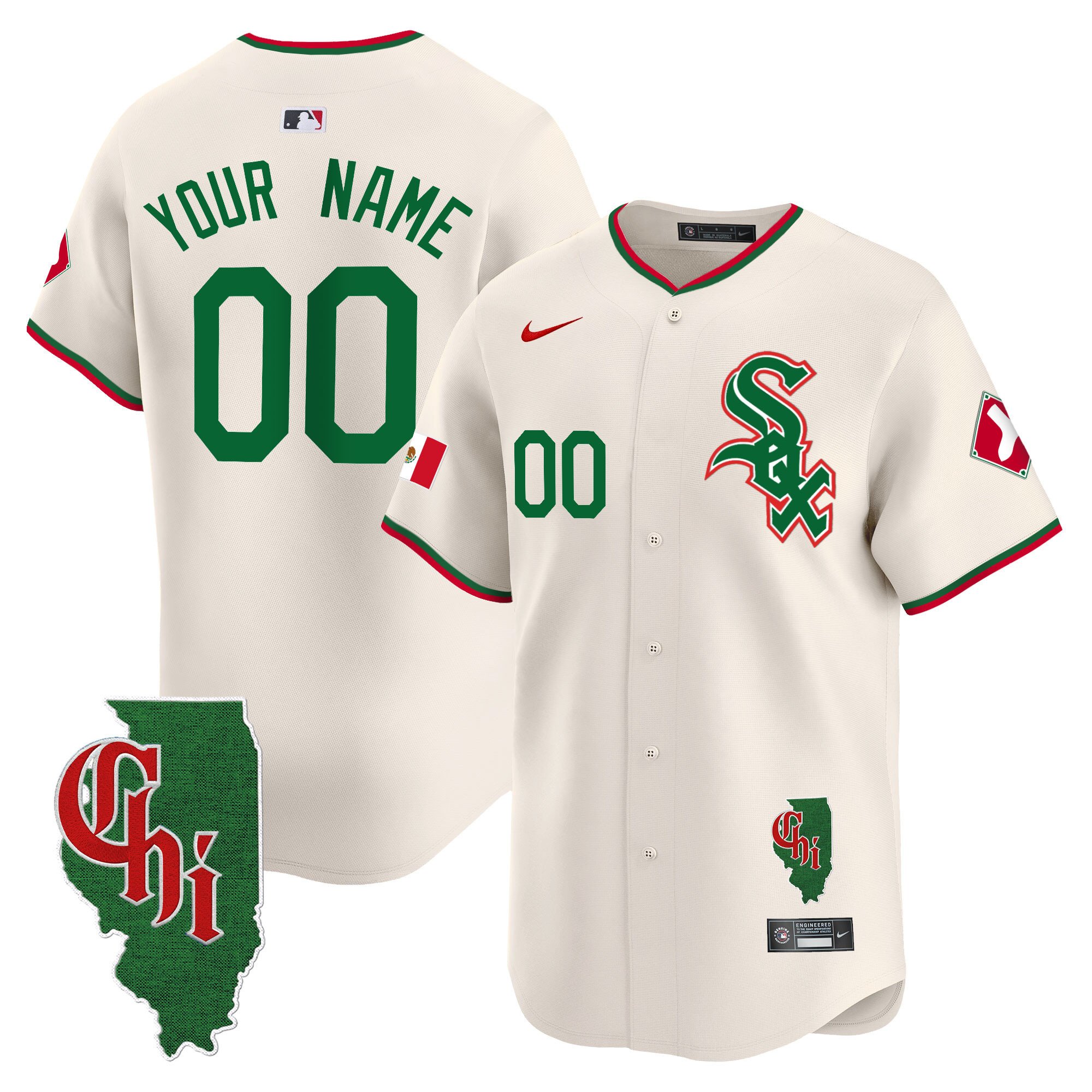 Men Chicago White Sox Mexico Vapor Premier Limited Custom Cream Jersey - Illinois Patch - All Stitched