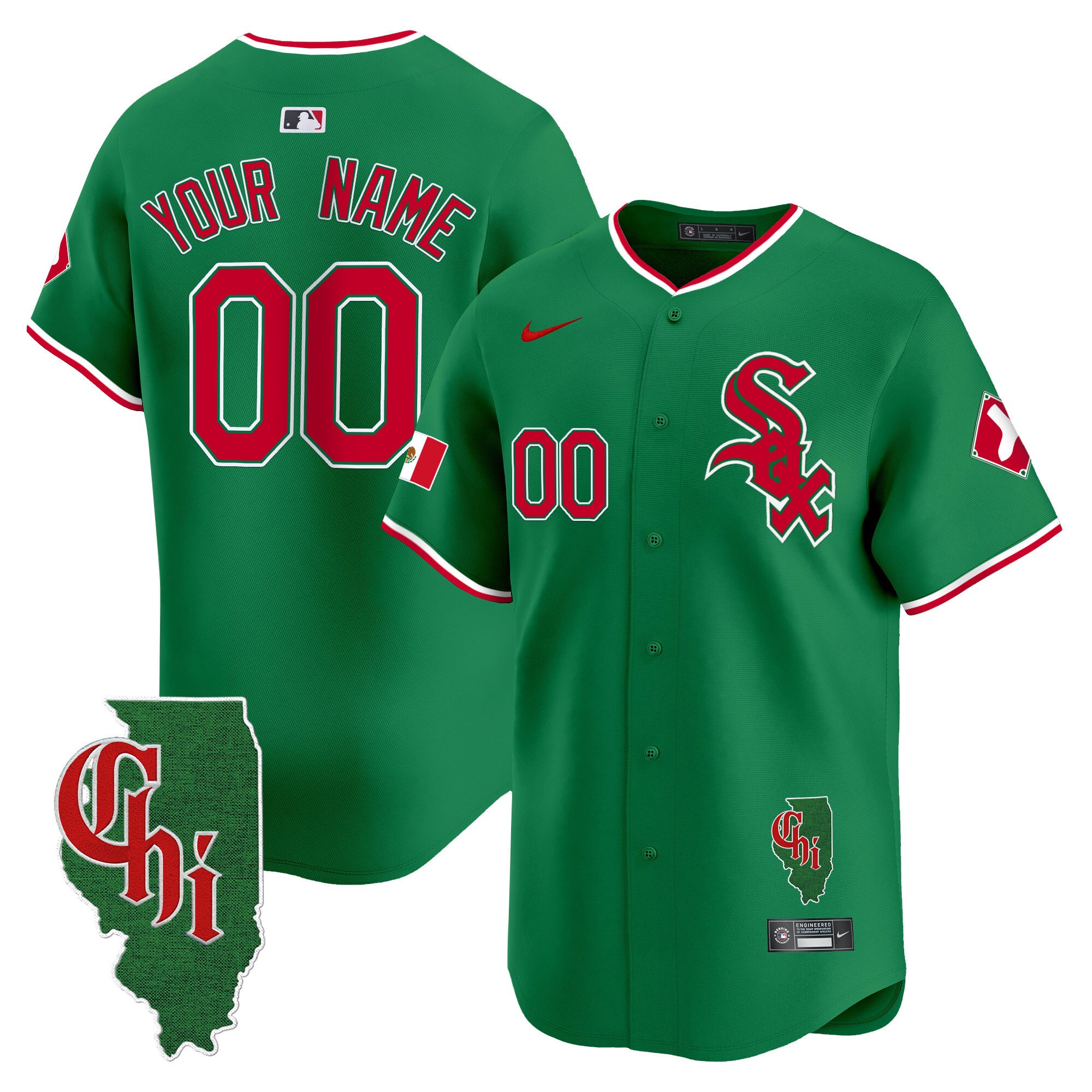 Men Chicago White Sox Mexico Vapor Premier Limited Custom Green Jersey - Illinois Patch - All Stitched