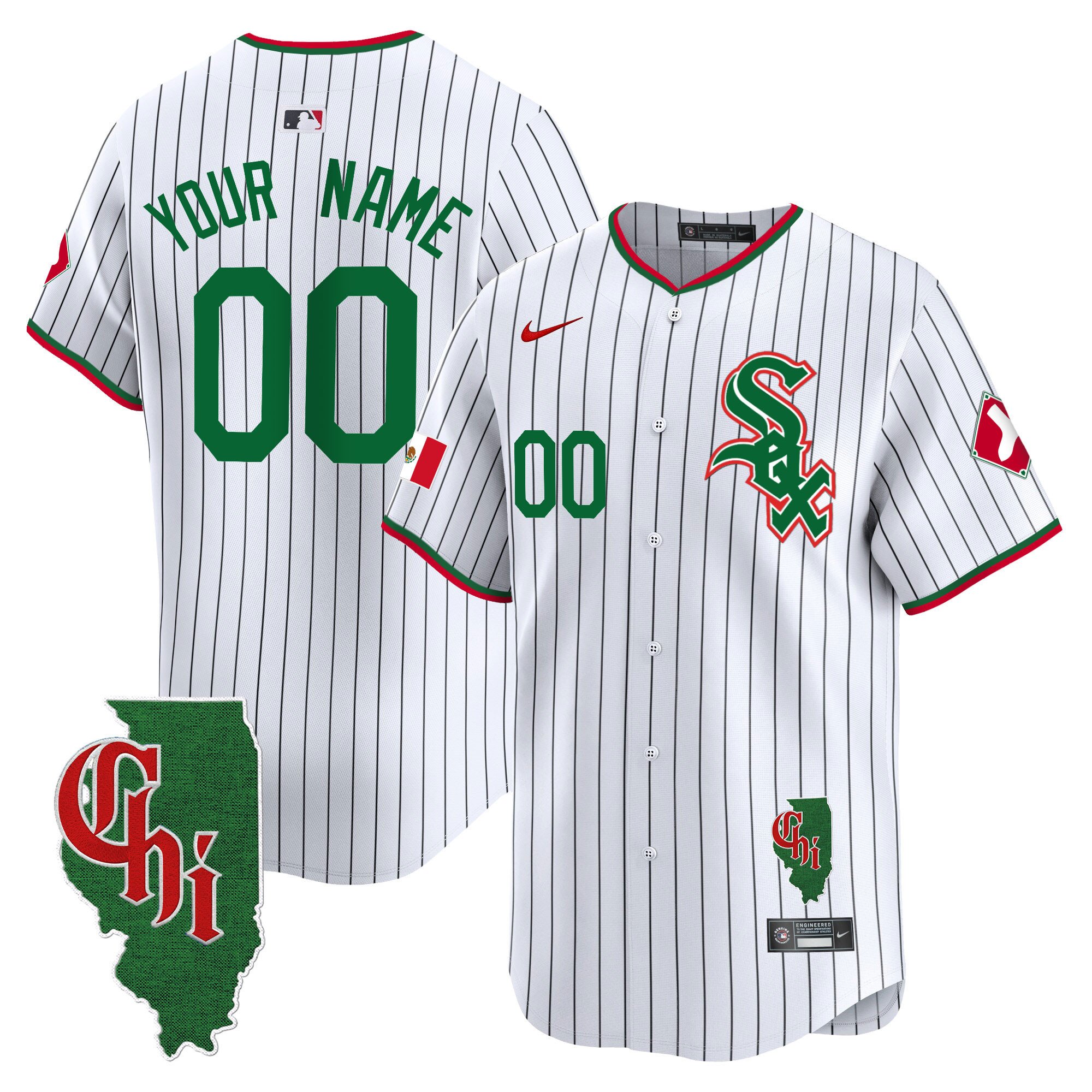 Men Chicago White Sox Mexico Vapor Premier Limited Custom Pinstripe Jersey - Illinois Patch - All Stitched