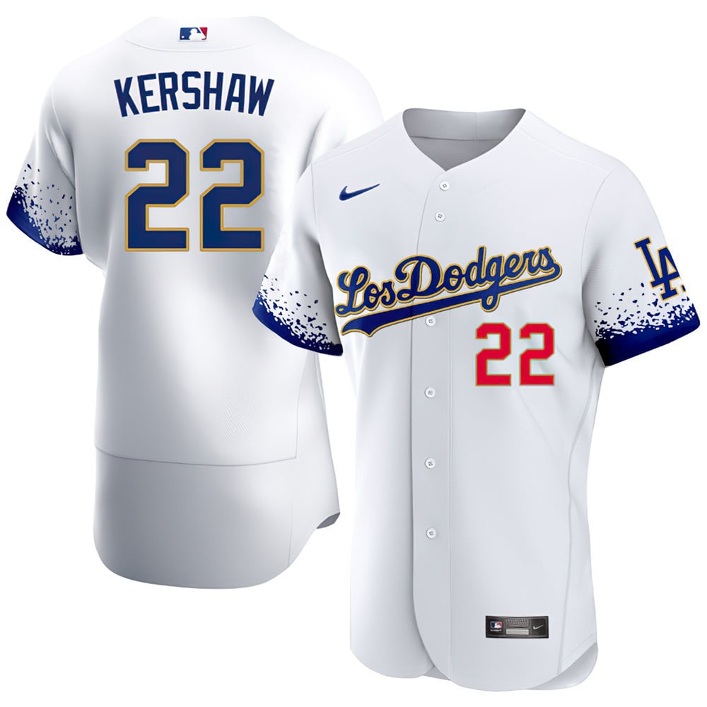 Men Clayton Kershaw Los Angeles Dodgers City Connect White Gold Jersey - All Stitched