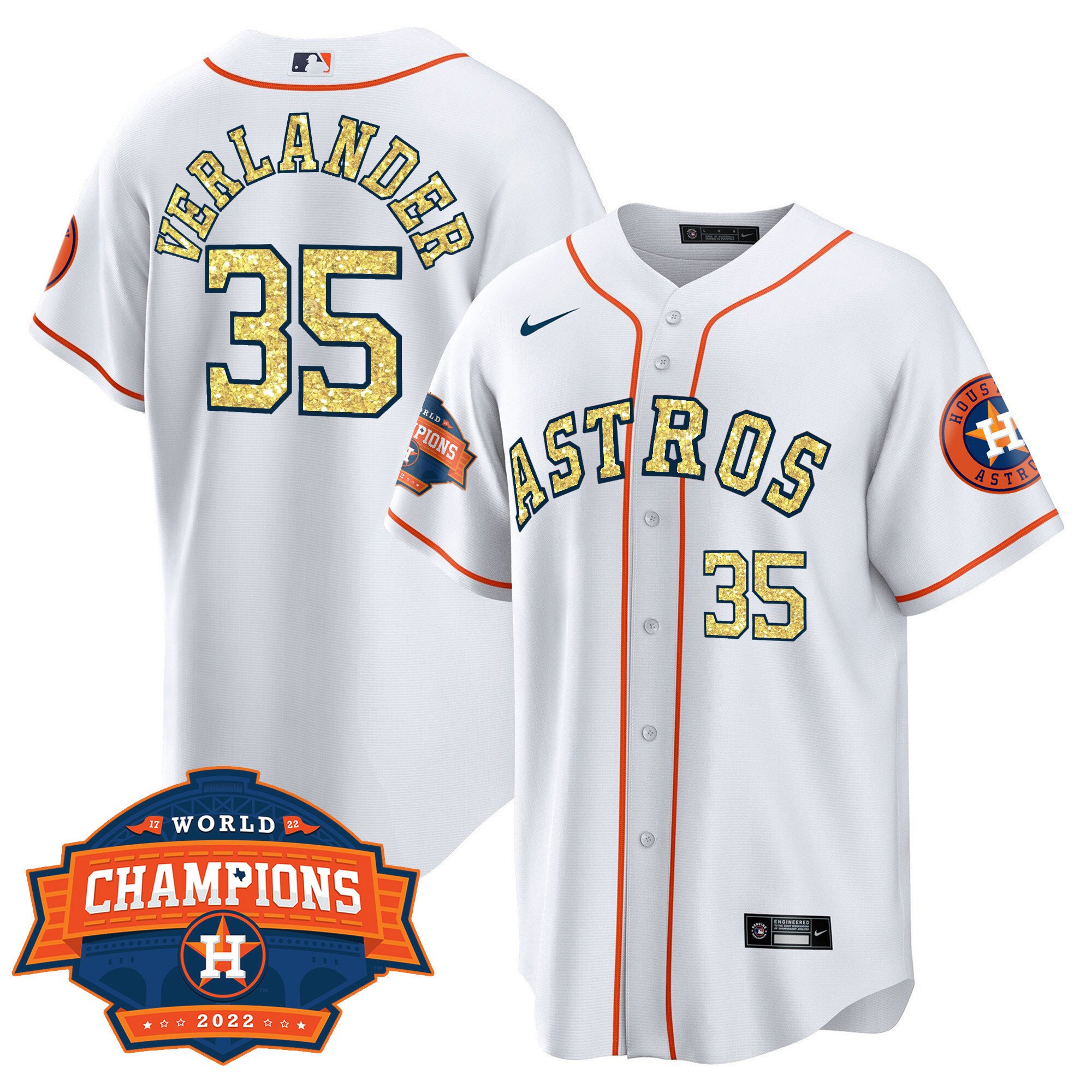 Men Cool Base Justin Verlander Houston Astros Special White Gold 2022 World Series Champions Patch Jersey Ã± All Stitched