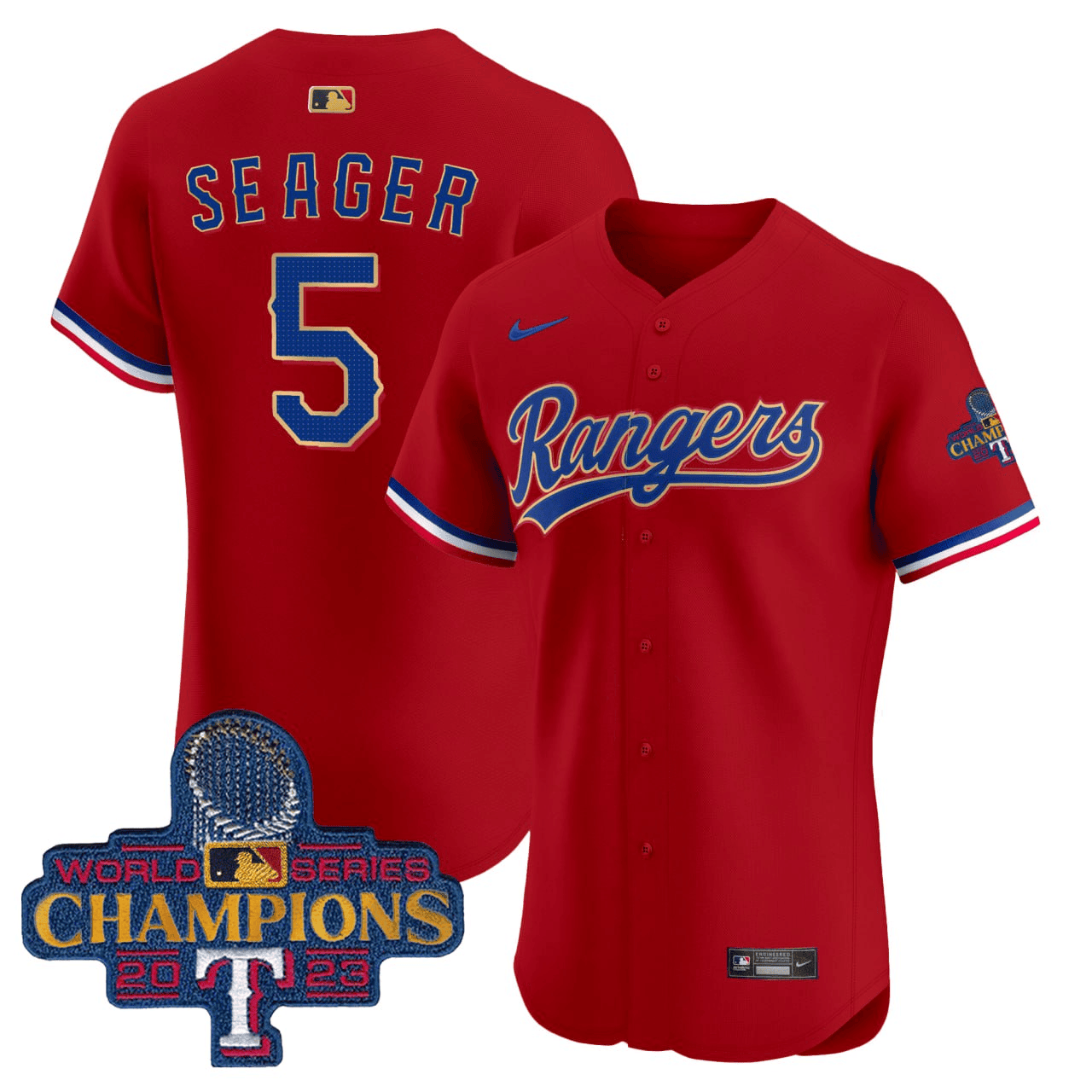 Men Corey Seager Texas Rangers Red 2023 World Series Champions Gold Trim Vapor Premier Elite Red Blue Jersey - All Stitched