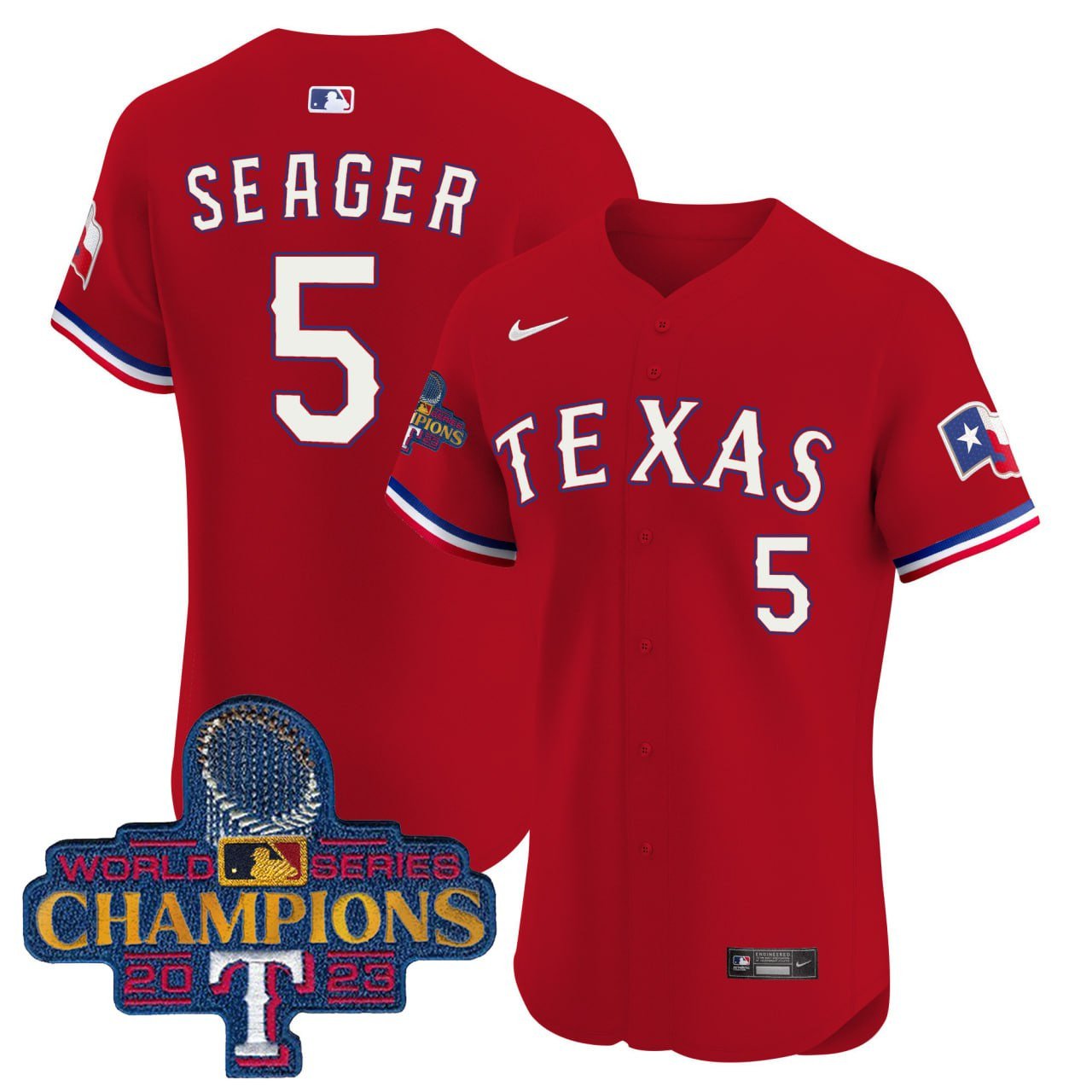 Men Corey Seager Texas Rangers Red 2023 World Series Champions Gold Trim Vapor Premier Elite Red White Jersey - All Stitched