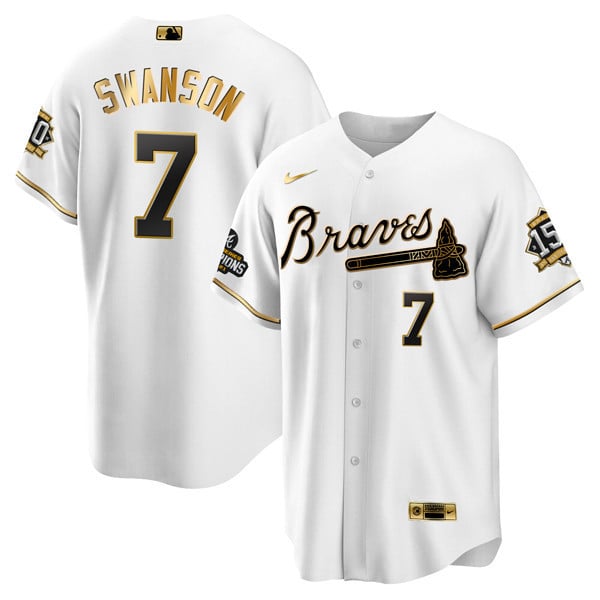 Men Dansby Swanson Atlanta Braves World Series Champion White Gold Cool Base Jersey 2021 Ã± Stitched