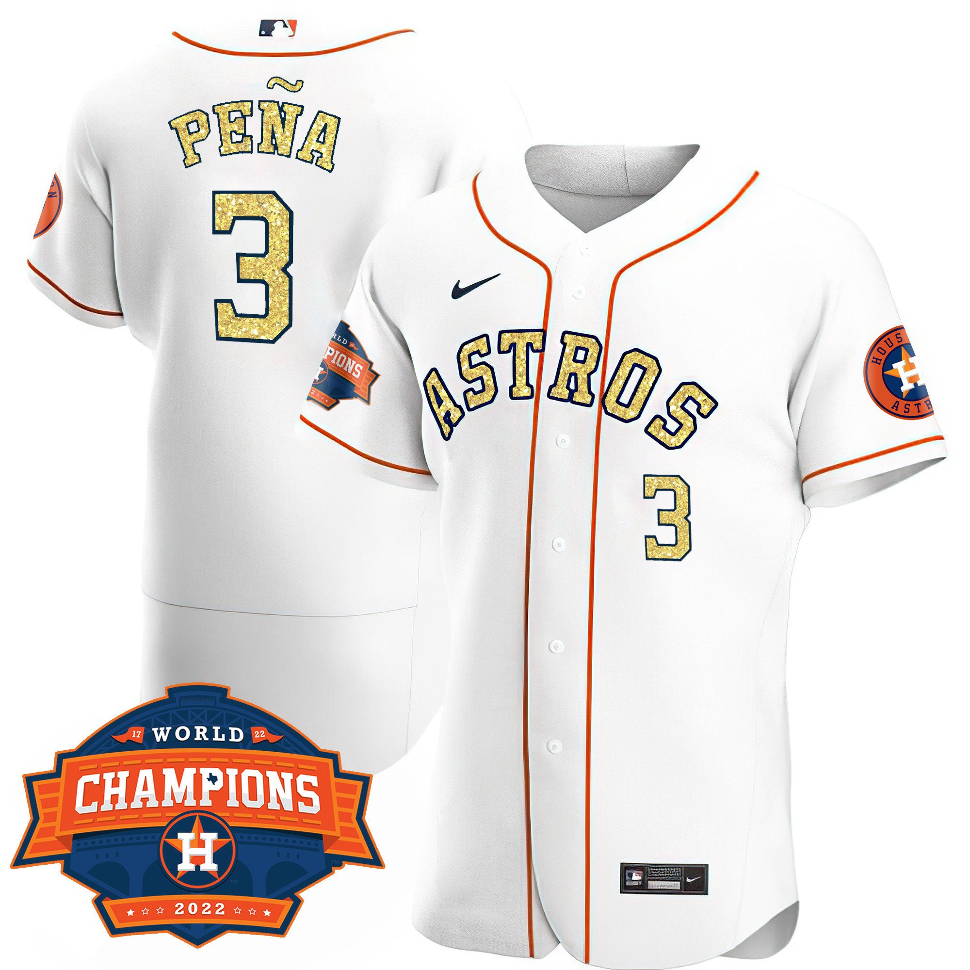 Men Flex Base Jeremy Pena Houston Astros Special White Gold 2022 World Series Champions Patch Jersey Ã± All Stitched