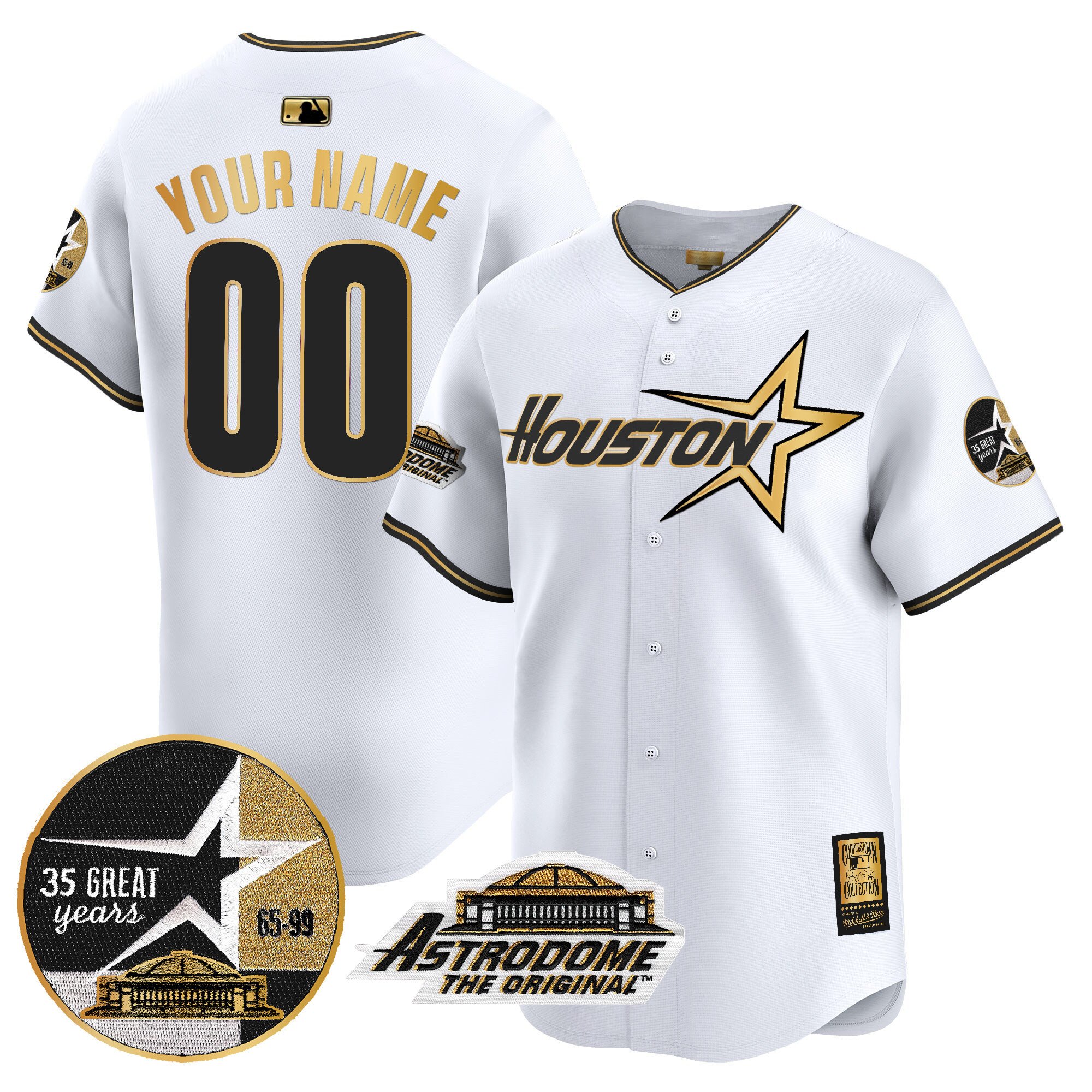 Men Houston Astros 1999 Throwback 35th & Astrodome Patch Vapor Premier Limited Custom White Gold Jersey V2 - All Stitched