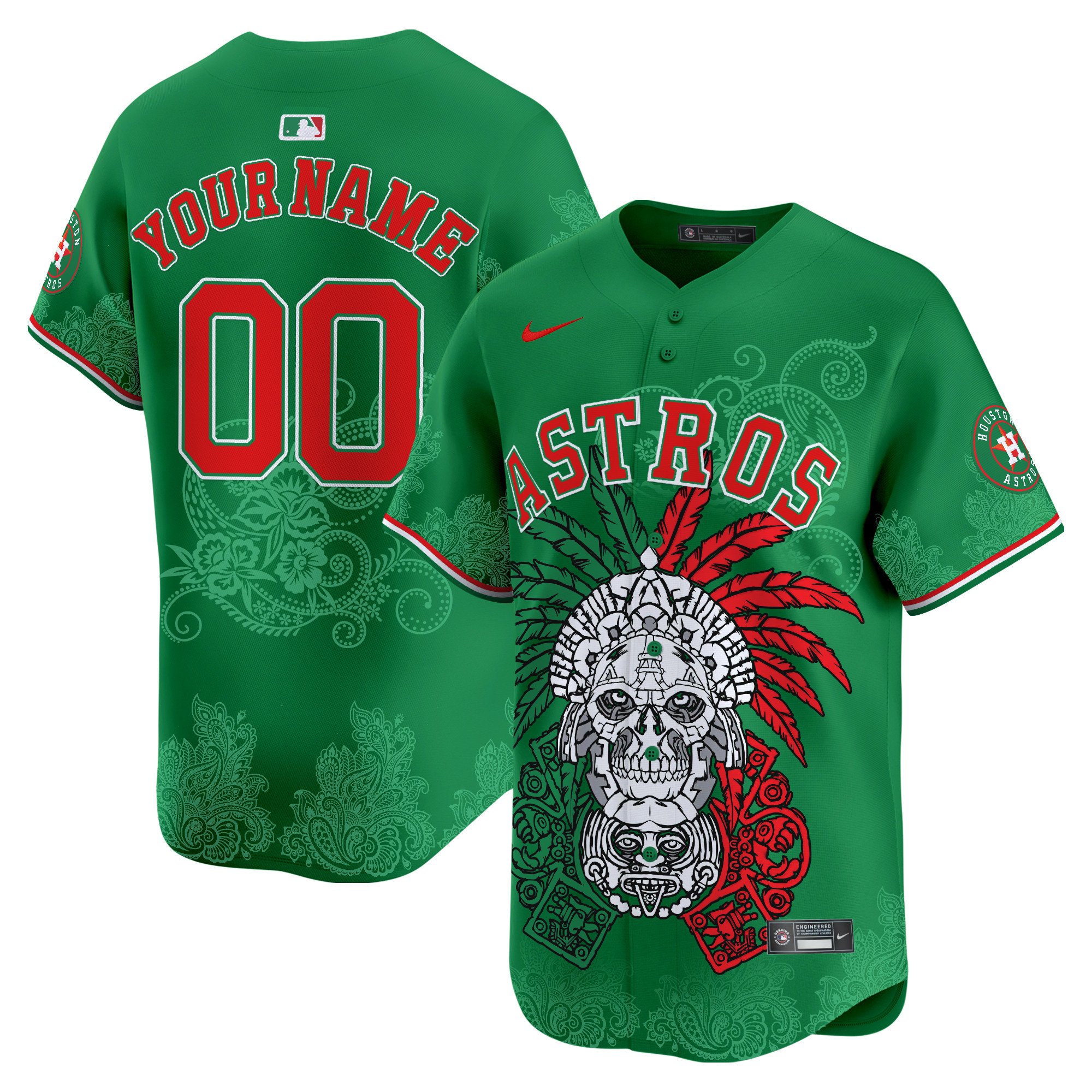 Men Houston Astros Aztec Warrior Skull Vapor Premier Limited Custom Green Jersey V2 - Printed