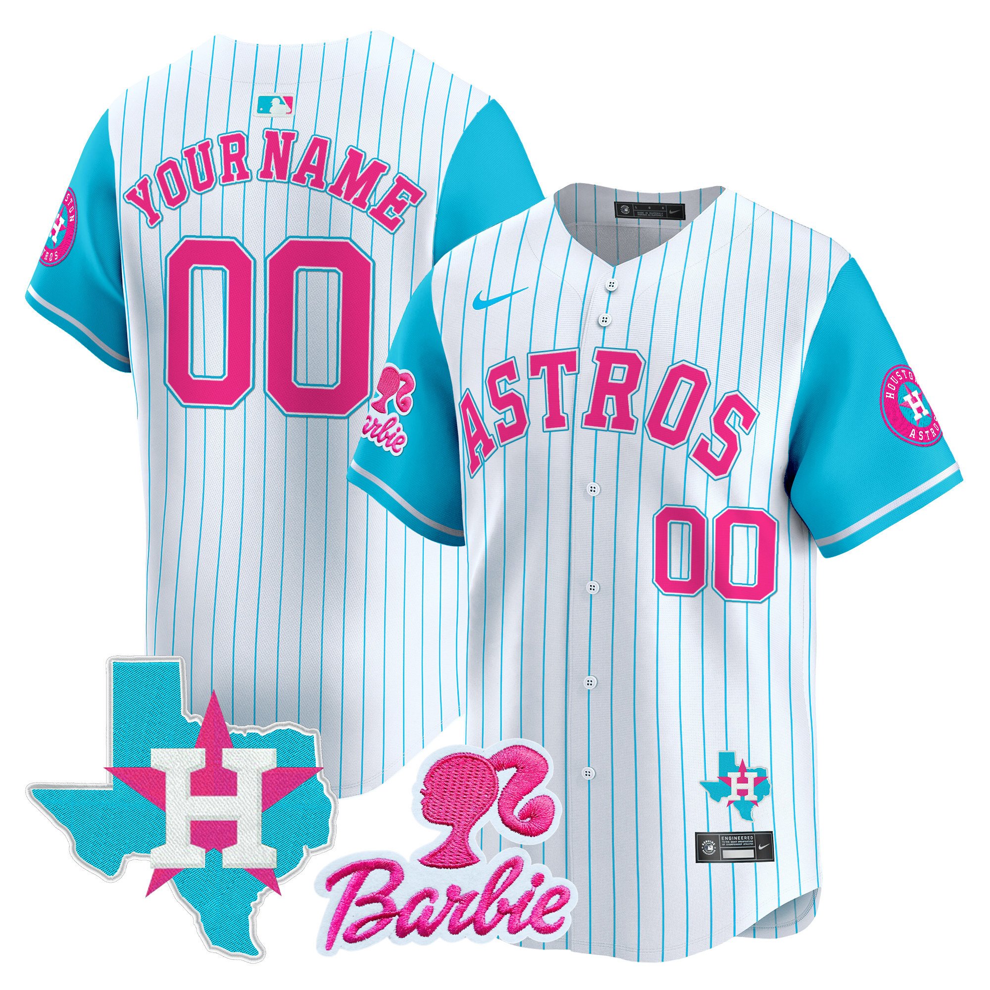 Men Houston Astros Barbie Patch Vapor Premier Limited Custom Pinstripe Jersey - All Stitched
