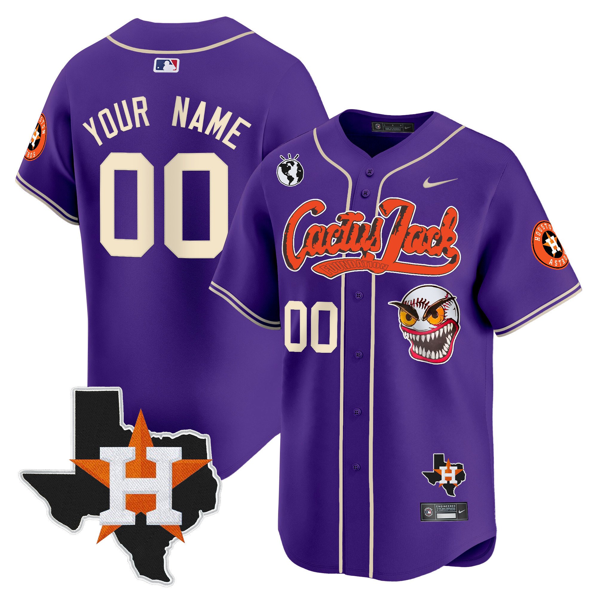 Men Houston Astros Cactus Jack Patch Vapor Premier Limited Custom Purple Jersey V12 - Stitched