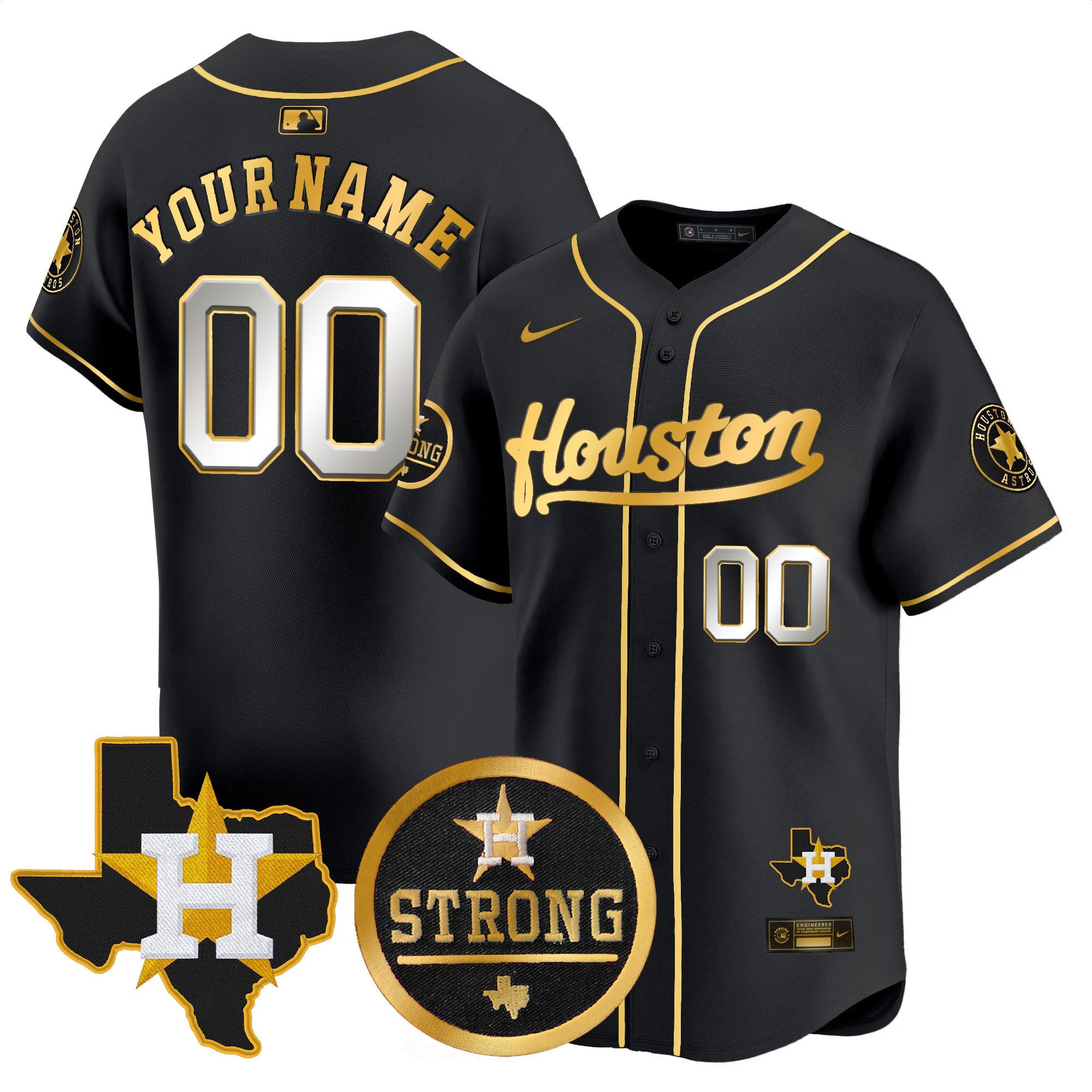 Men Houston Astros "Houston Strong" Patch Vapor Premier Limited Custom Black Gold Jersey - All Stitched