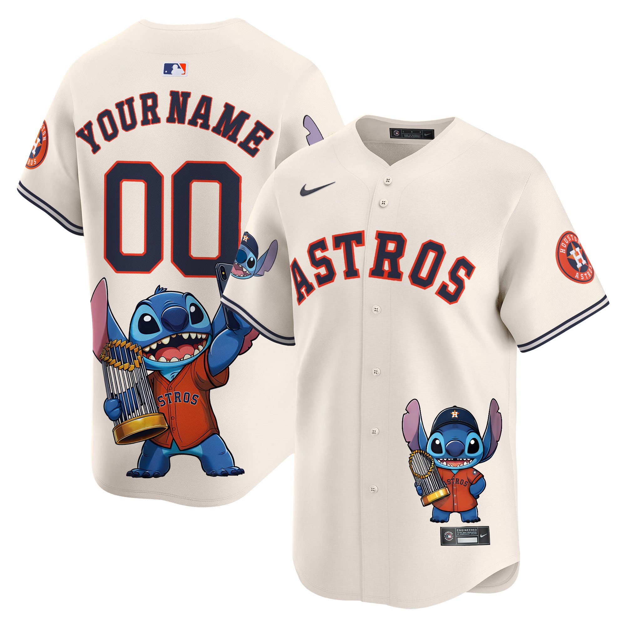 Men Houston Astros Lilo And Stitch Premier Limited Custom Cream Jersey - Printed