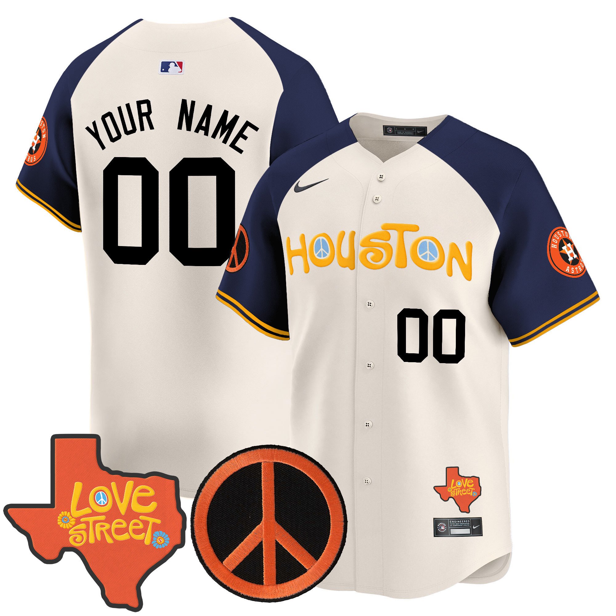 Men Houston Astros Love Street & Peace Sign Patch Vapor Premier Limited Custom Alternate Jersey V2 - All Stitched