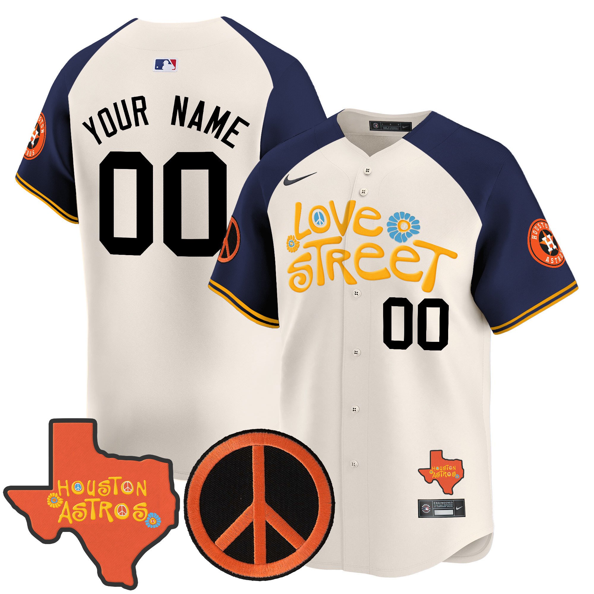 Men Houston Astros Love Street & Peace Sign Patch Vapor Premier Limited Custom Alternate Jersey V3 - All Stitched